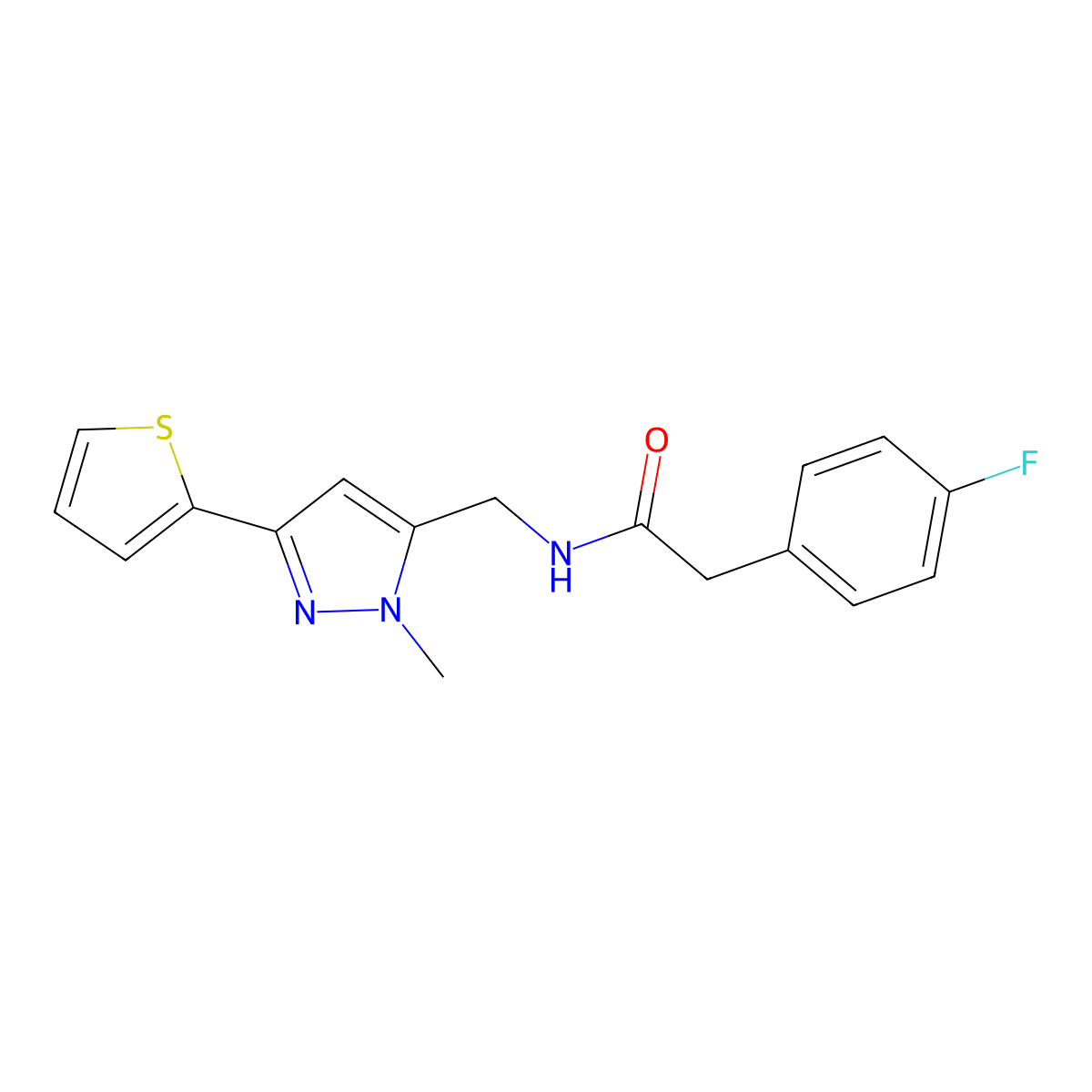 2-(4-fluorophenyl)-N-{[1-methyl-3-(thiophen-2-yl)-1H-pyrazol-5-yl]methyl}acetamide molecular structure, CAS 2309748-22-7