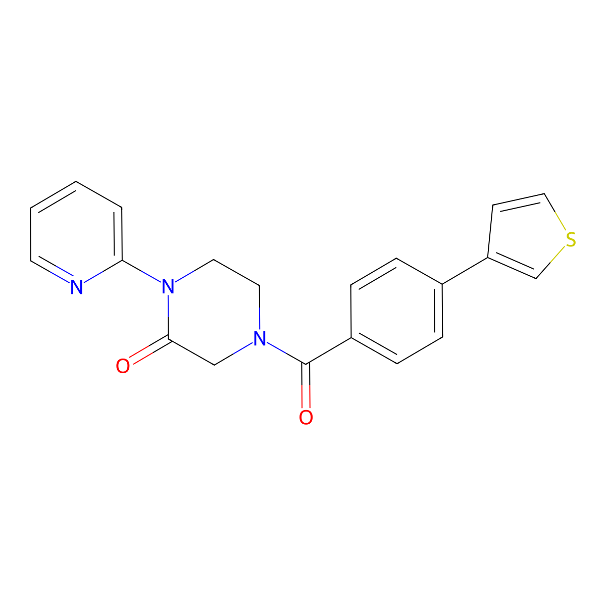 1-(Pyridin-2-yl)-4-(4-(thiophen-3-yl)benzoyl)piperazin-2-one molecular structure, CAS 2309748-43-2