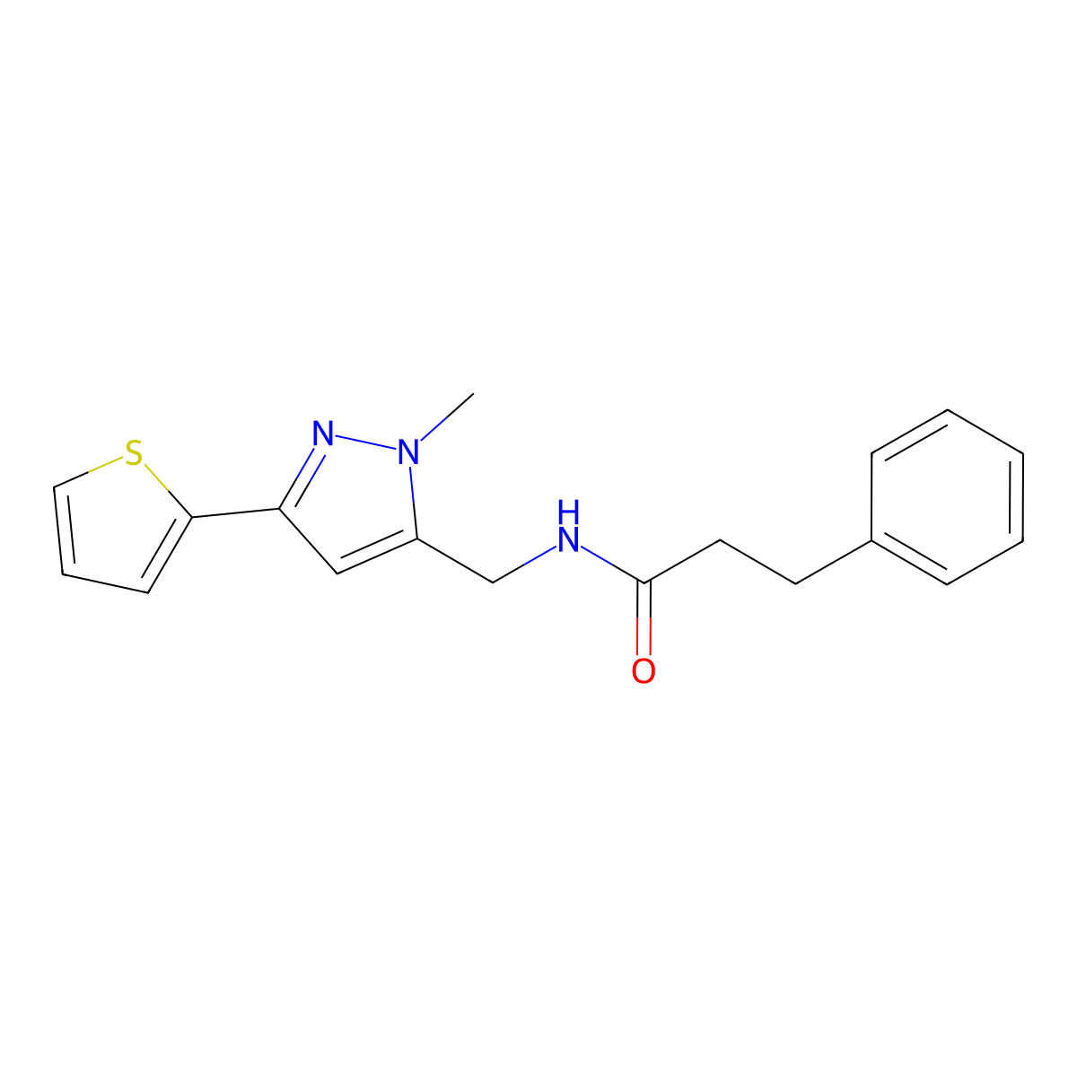 N-{[1-methyl-3-(thiophen-2-yl)-1H-pyrazol-5-yl]methyl}-3-phenylpropanamide molecular structure, CAS 2309748-50-1