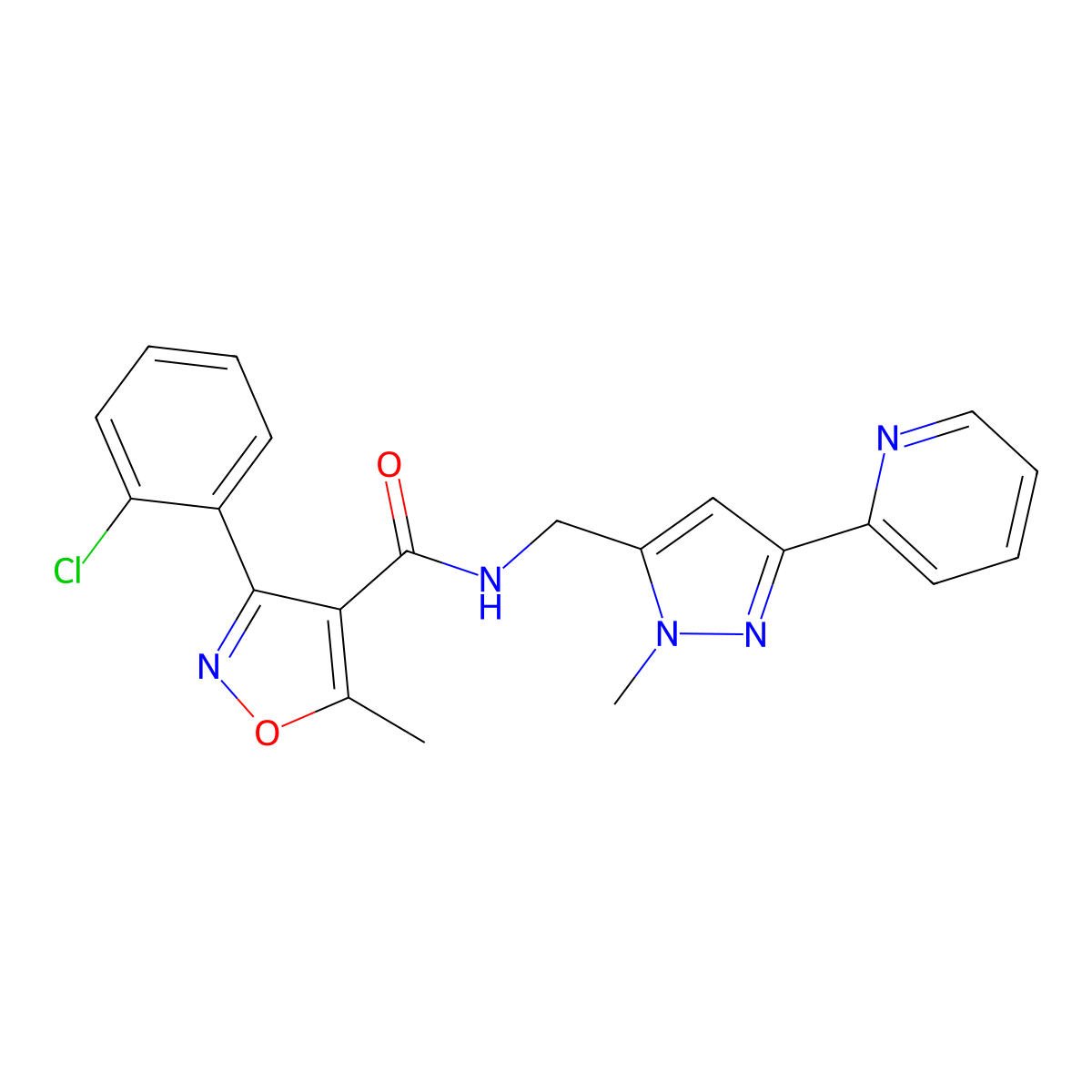 3-(2-chlorophenyl)-5-methyl-N-{[1-methyl-3-(pyridin-2-yl)-1H-pyrazol-5-yl]methyl}-1,2-oxazole-4-carboxamide molecular structure, CAS 2309748-52-3