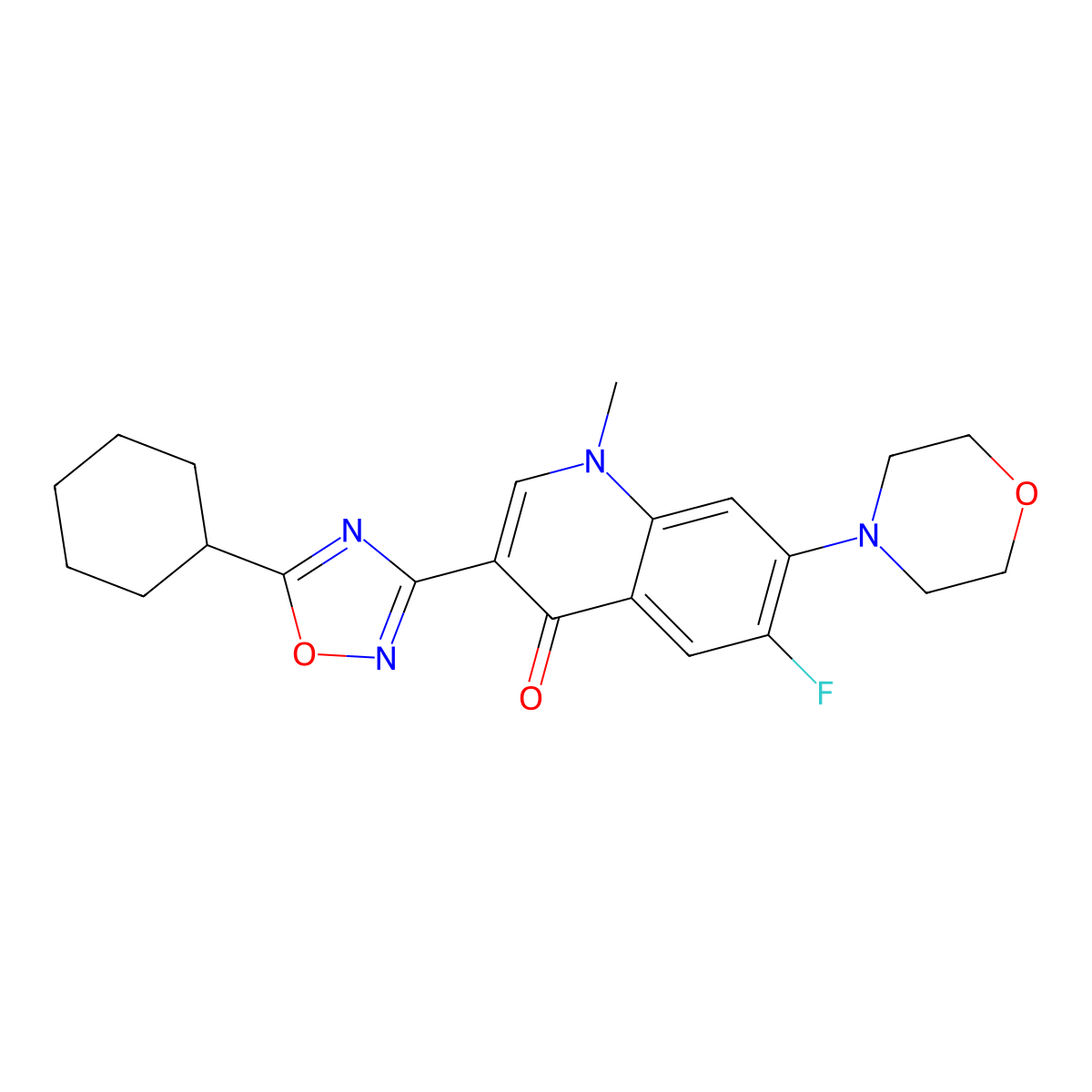 3-(5-Cyclohexyl-1,2,4-oxadiazol-3-yl)-6-fluoro-1-methyl-7-(morpholin-4-yl)-1,4-dihydroquinolin-4-one molecular structure, CAS 2309748-55-6