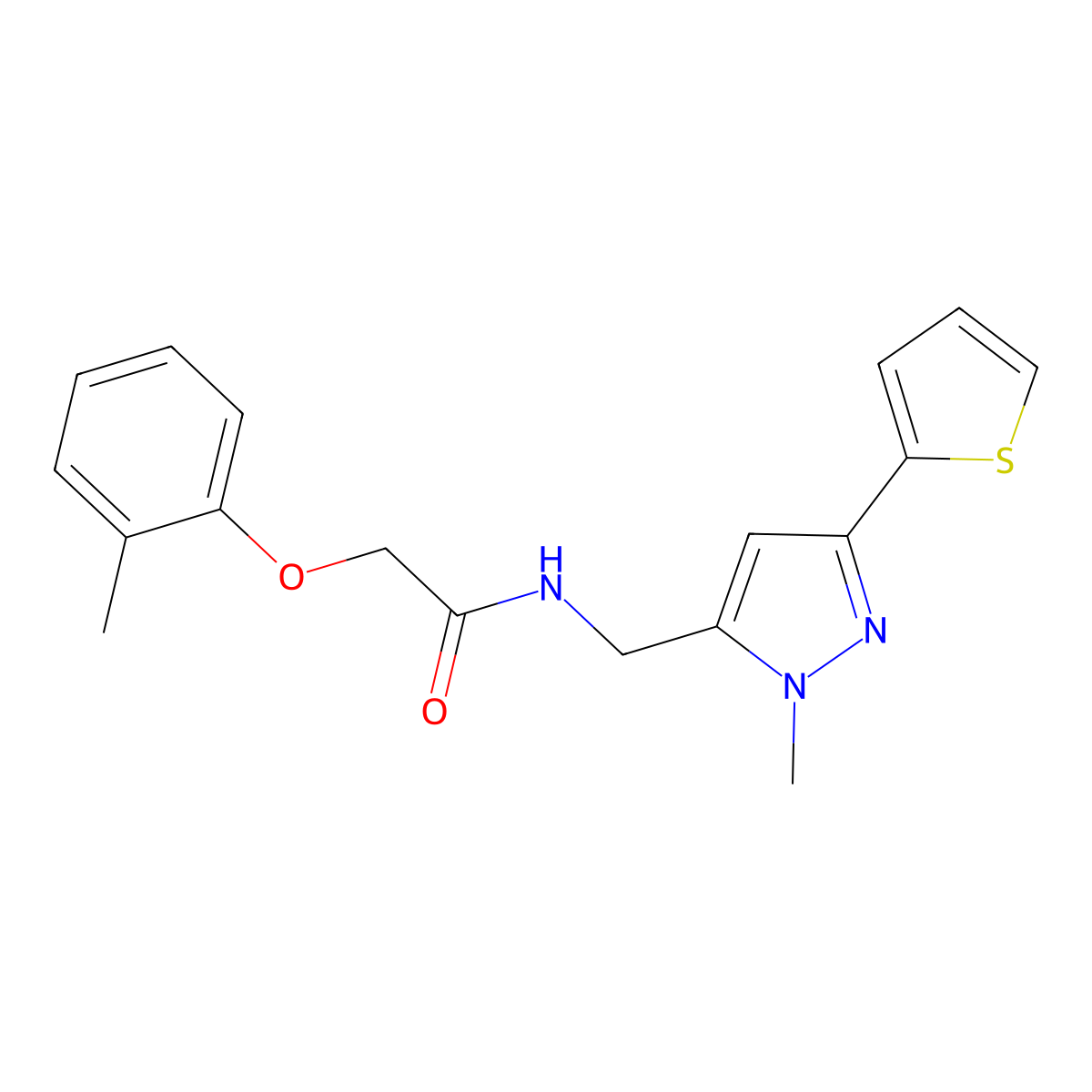 N-{[1-methyl-3-(thiophen-2-yl)-1H-pyrazol-5-yl]methyl}-2-(2-methylphenoxy)acetamide molecular structure, CAS 2309748-65-8