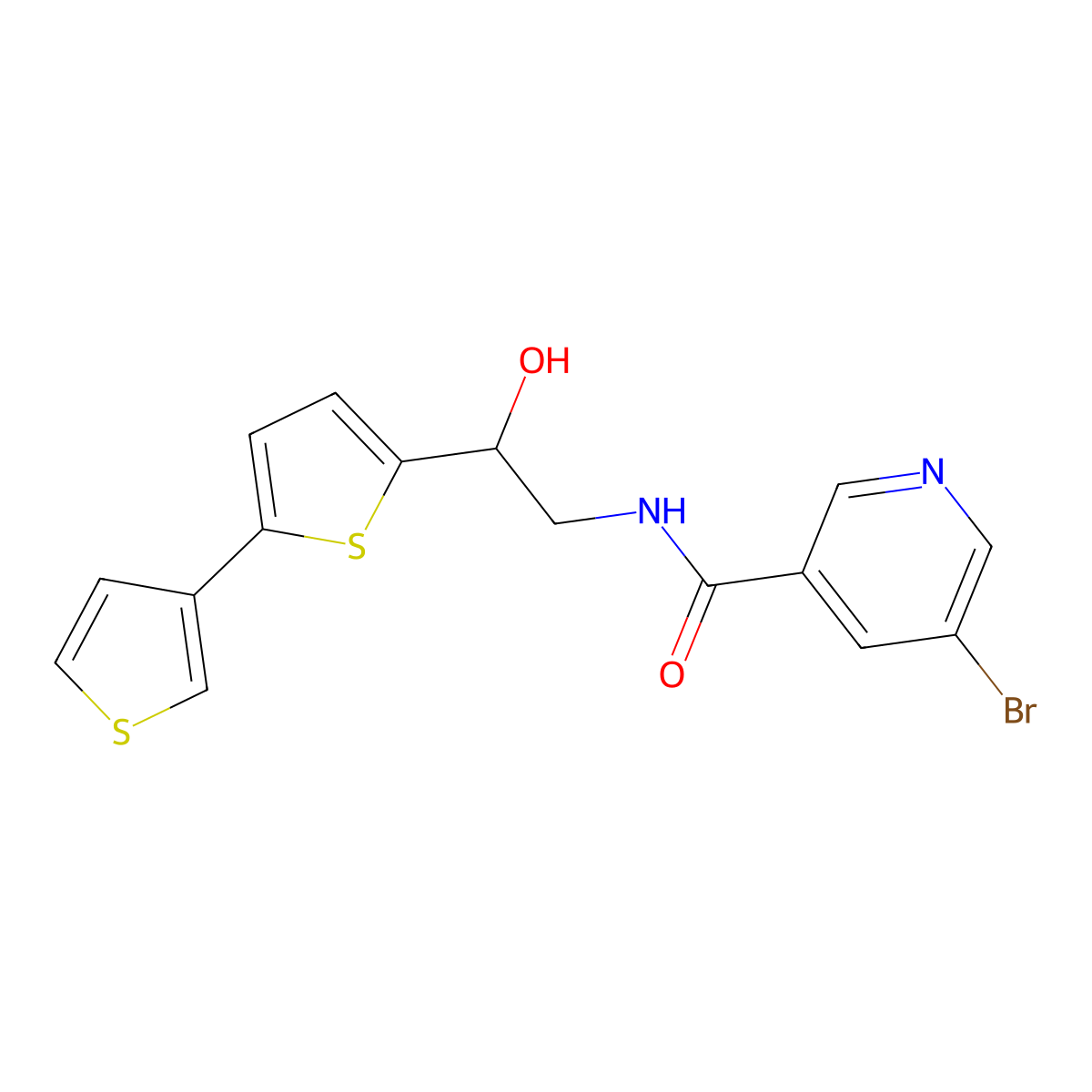 N-(2-{[2,3'-bithiophene]-5-yl}-2-hydroxyethyl)-5-bromopyridine-3-carboxamide molecular structure, CAS 2309748-80-7