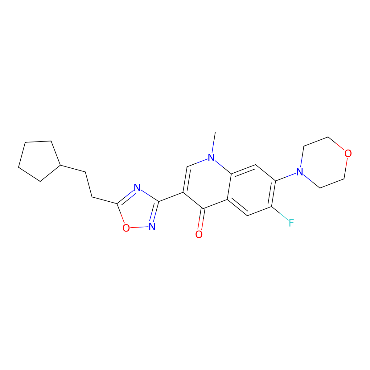 3-[5-(2-Cyclopentylethyl)-1,2,4-oxadiazol-3-yl]-6-fluoro-1-methyl-7-(morpholin-4-yl)-1,4-dihydroquinolin-4-one molecular structure, CAS 2309748-85-2