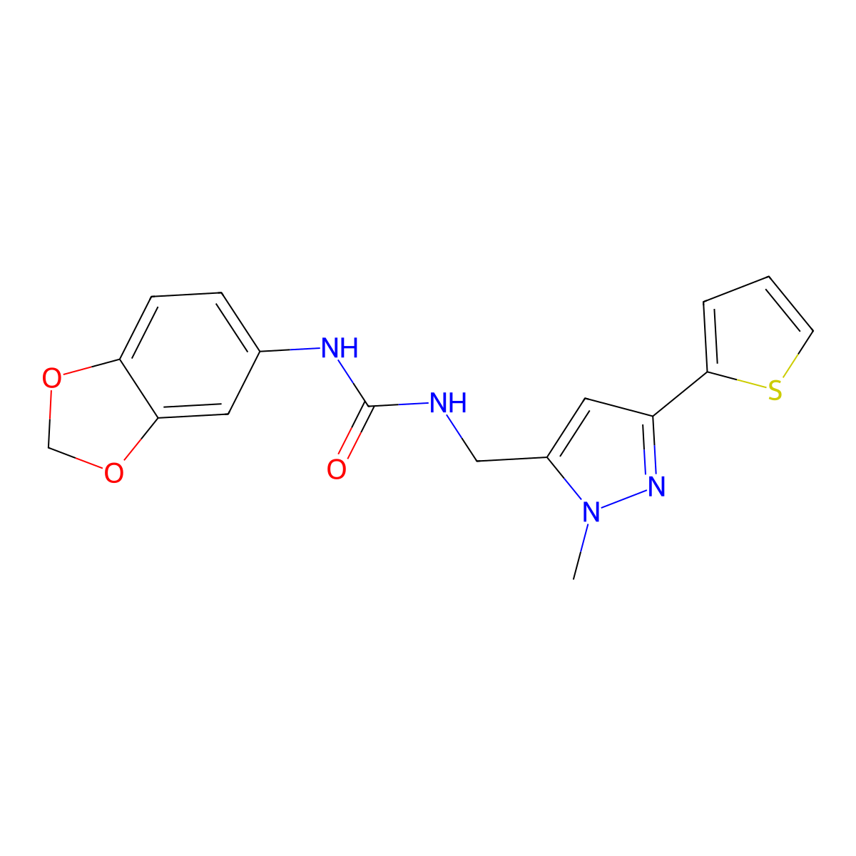 1-(2H-1,3-benzodioxol-5-yl)-3-{[1-methyl-3-(thiophen-2-yl)-1H-pyrazol-5-yl]methyl}urea molecular structure, CAS 2309749-28-6