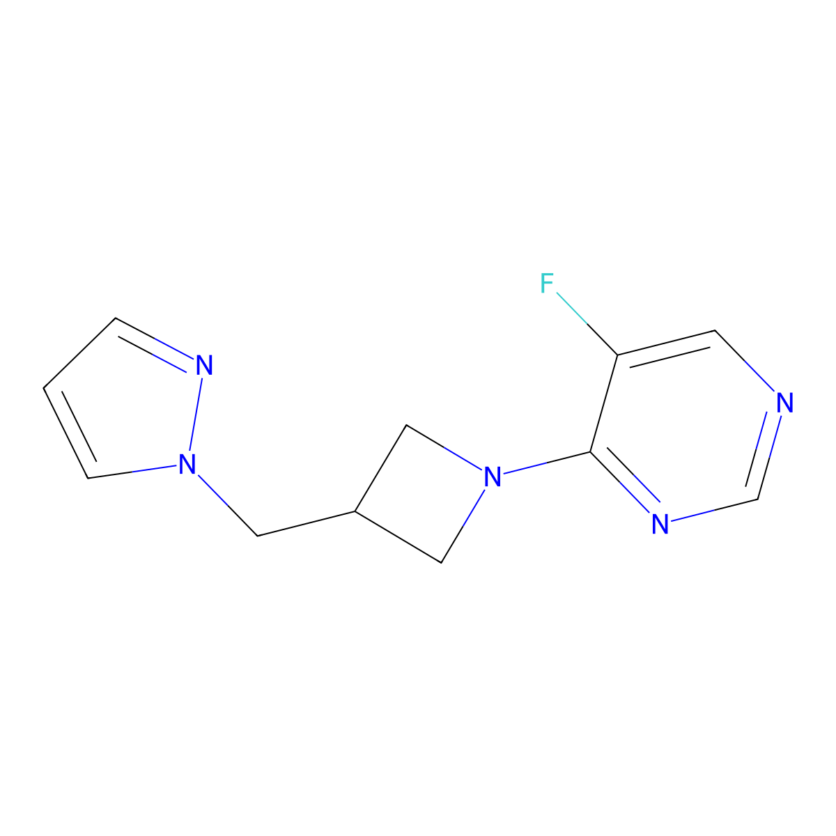 5-fluoro-4-{3-[(1H-pyrazol-1-yl)methyl]azetidin-1-yl}pyrimidine molecular structure, CAS 2309749-69-5