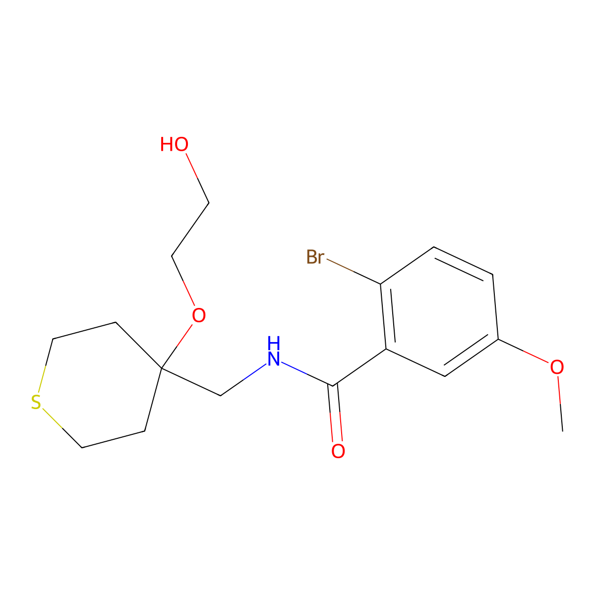 2-bromo-N-((4-(2-hydroxyethoxy)tetrahydro-2H-thiopyran-4-yl)methyl)-5-methoxybenzamide molecular structure, CAS 2309750-02-3
