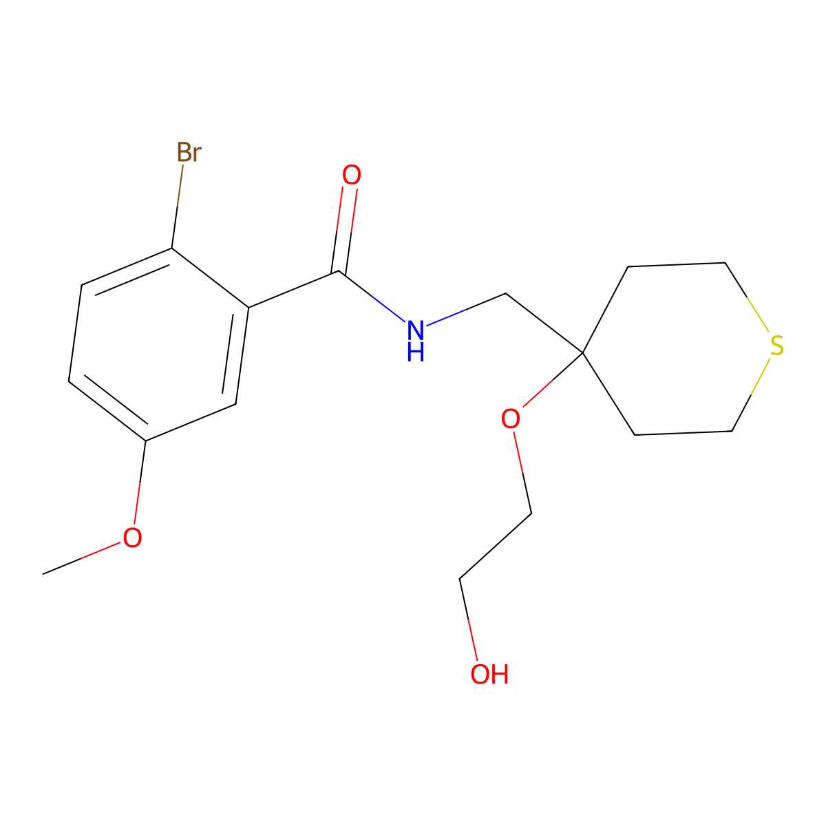 2-bromo-N-((4-(2-hydroxyethoxy)tetrahydro-2H-thiopyran-4-yl)methyl)-5-methoxybenzamide molecular structure, CAS 2309750-02-3