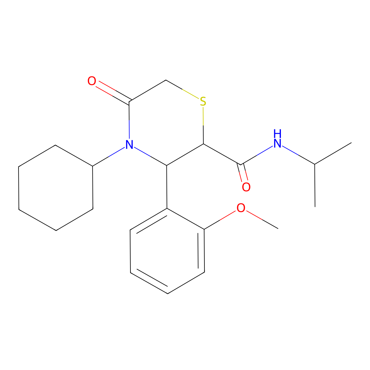 4-cyclohexyl-N-isopropyl-3-(2-methoxyphenyl)-5-oxothiomorpholine-2-carboxamide molecular structure, CAS 2309750-75-0