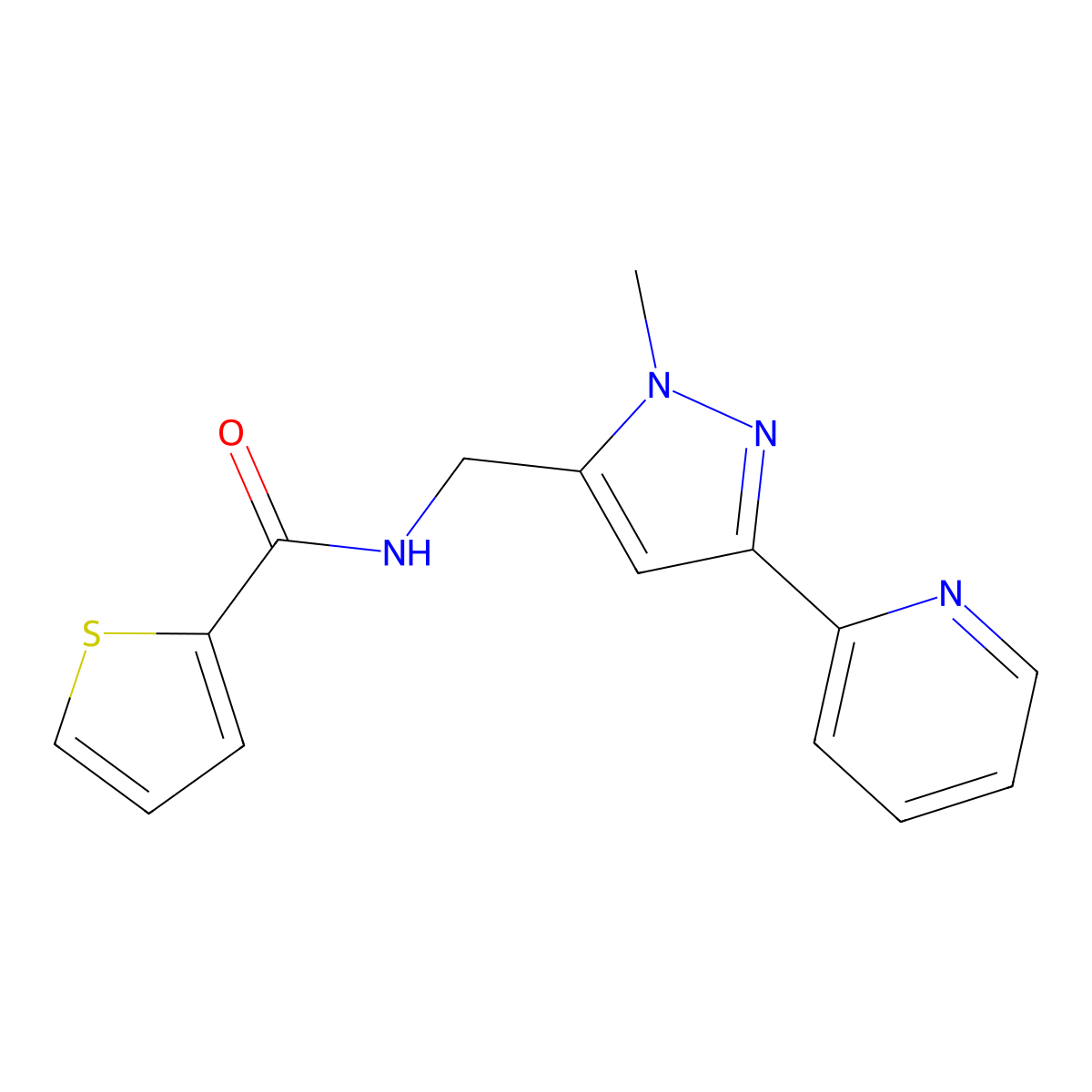N-{[1-methyl-3-(pyridin-2-yl)-1H-pyrazol-5-yl]methyl}thiophene-2-carboxamide molecular structure, CAS 2309750-80-7