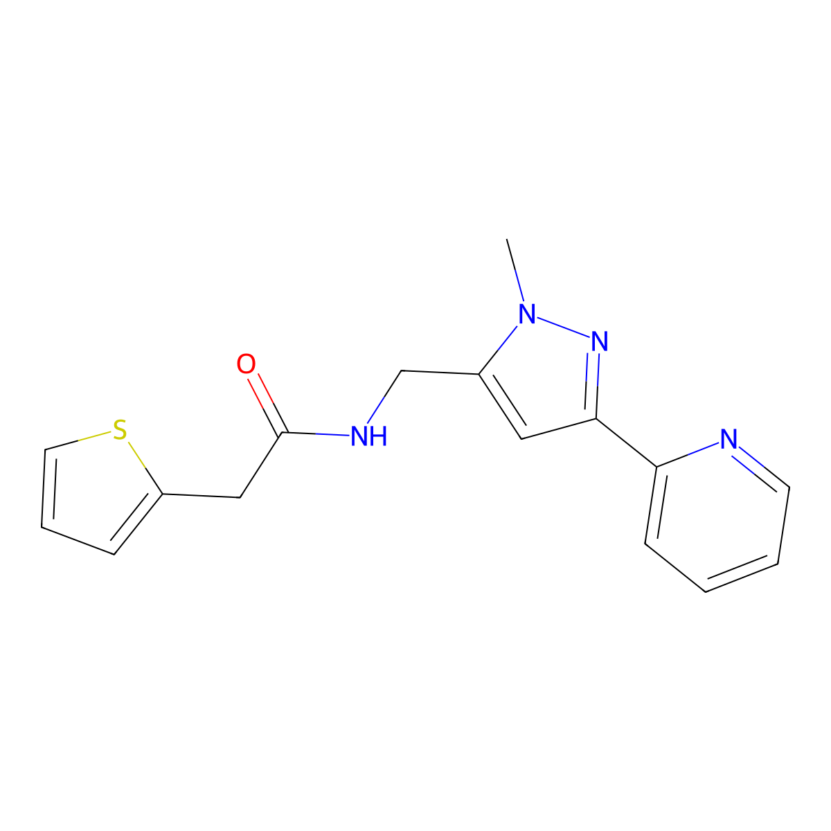 N-{[1-methyl-3-(pyridin-2-yl)-1H-pyrazol-5-yl]methyl}-2-(thiophen-2-yl)acetamide molecular structure, CAS 2309750-96-5