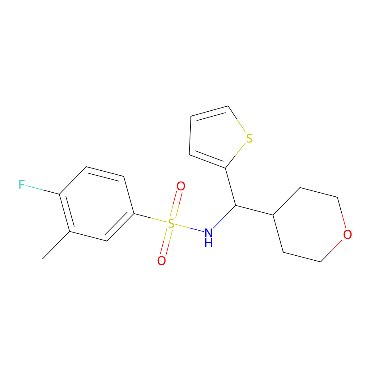 4-fluoro-3-methyl-N-[(oxan-4-yl)(thiophen-2-yl)methyl]benzene-1-sulfonamide molecular structure, CAS 2309751-01-5