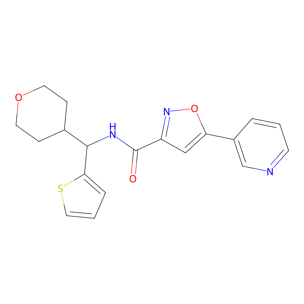 5-(pyridin-3-yl)-N-((tetrahydro-2H-pyran-4-yl)(thiophen-2-yl)methyl)isoxazole-3-carboxamide molecular structure, CAS 2309751-16-2