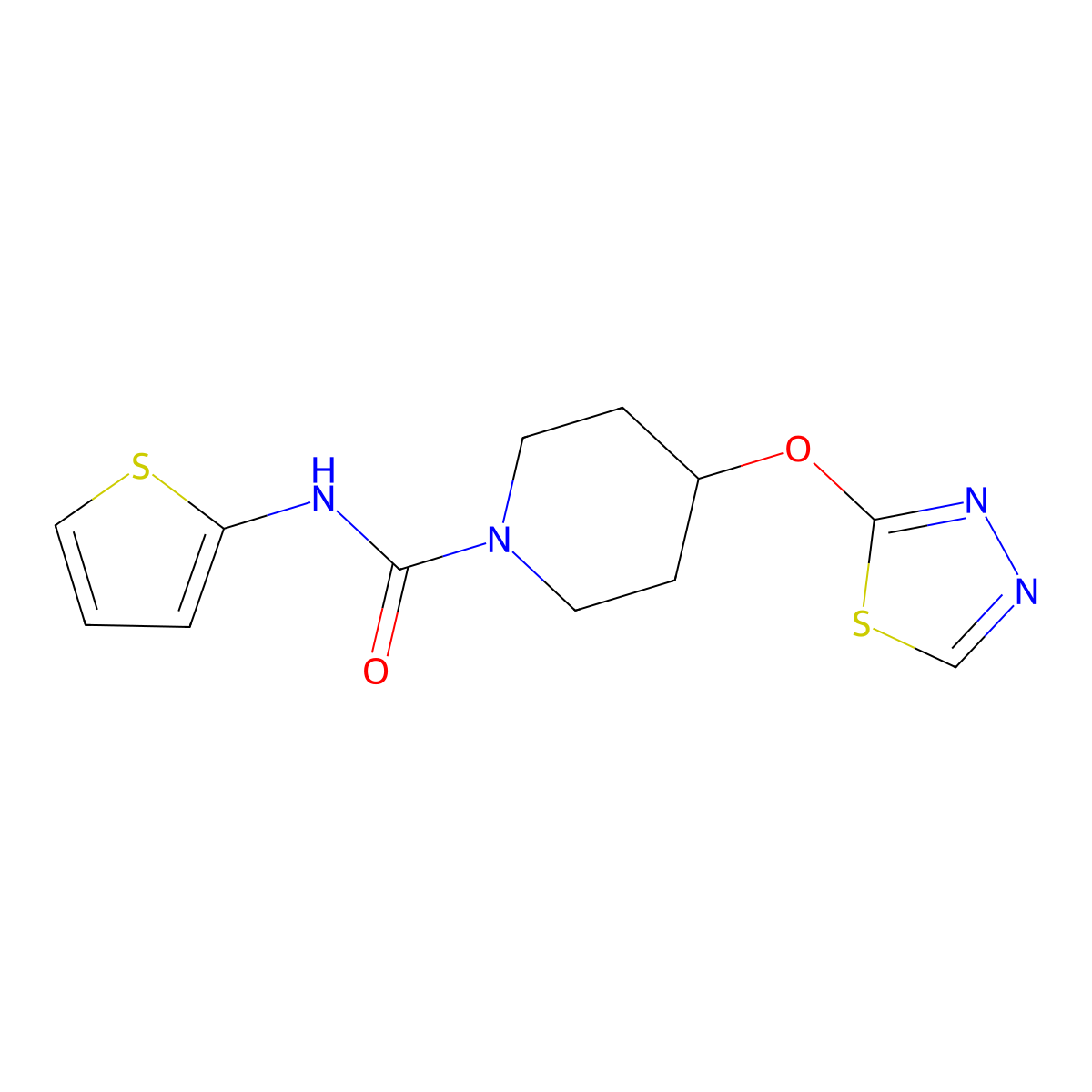 4-(1,3,4-thiadiazol-2-yloxy)-N-(thiophen-2-yl)piperidine-1-carboxamide molecular structure, CAS 2309751-17-3