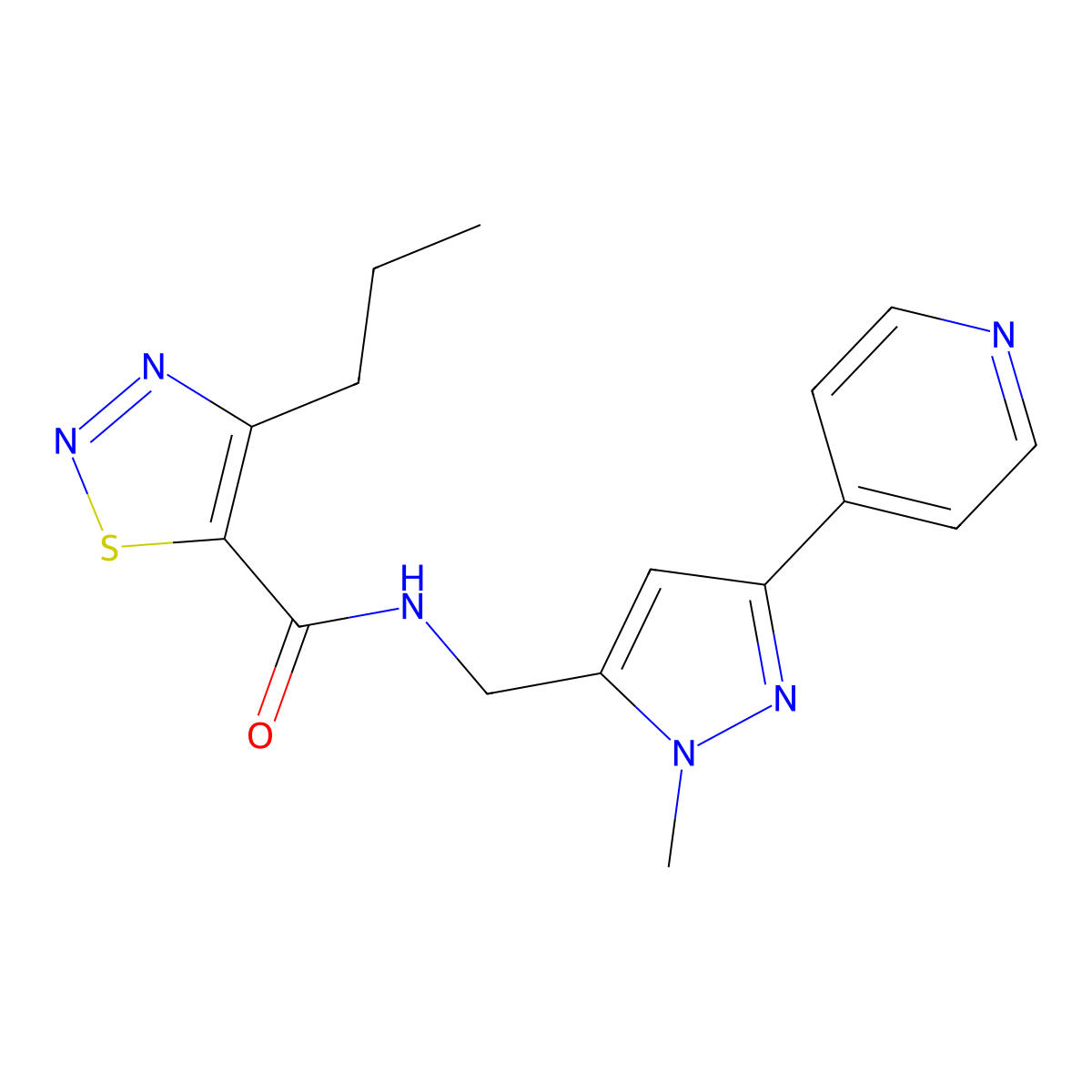 N-{[1-methyl-3-(pyridin-4-yl)-1H-pyrazol-5-yl]methyl}-4-propyl-1,2,3-thiadiazole-5-carboxamide molecular structure, CAS 2309751-22-0