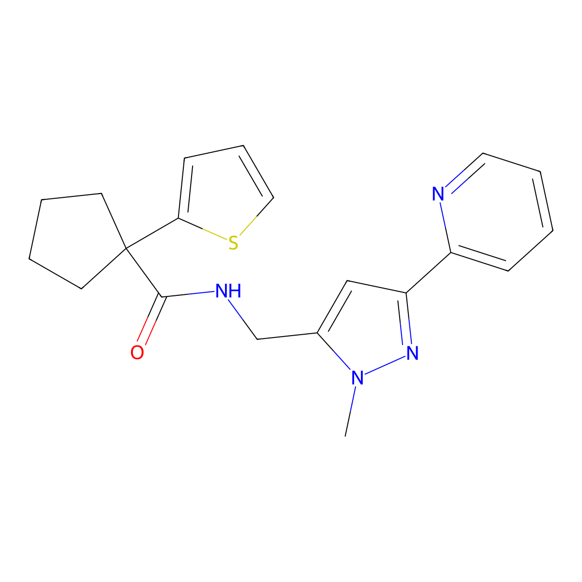 N-{[1-methyl-3-(pyridin-2-yl)-1H-pyrazol-5-yl]methyl}-1-(thiophen-2-yl)cyclopentane-1-carboxamide molecular structure, CAS 2309751-35-5