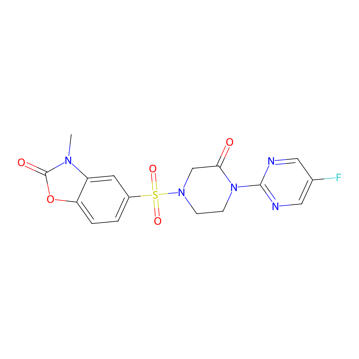 5-{[4-(5-Fluoropyrimidin-2-yl)-3-oxopiperazin-1-yl]sulfonyl}-3-methyl-2,3-dihydro-1,3-benzoxazol-2-one molecular structure, CAS 2309751-43-5