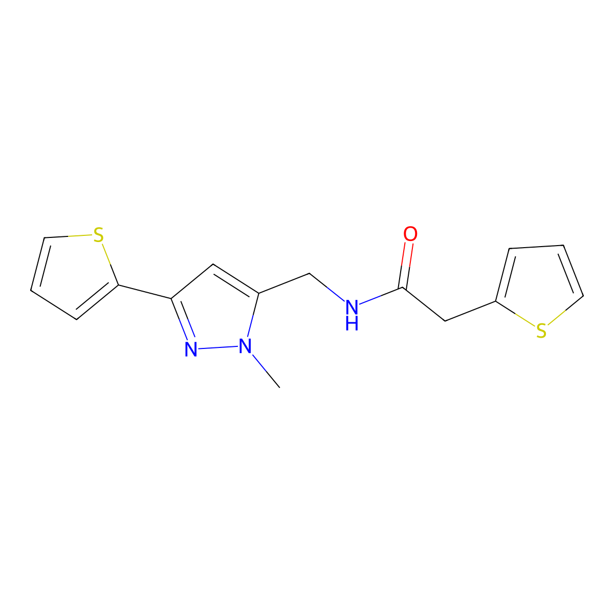 N-{[1-methyl-3-(thiophen-2-yl)-1H-pyrazol-5-yl]methyl}-2-(thiophen-2-yl)acetamide molecular structure, CAS 2309751-49-1