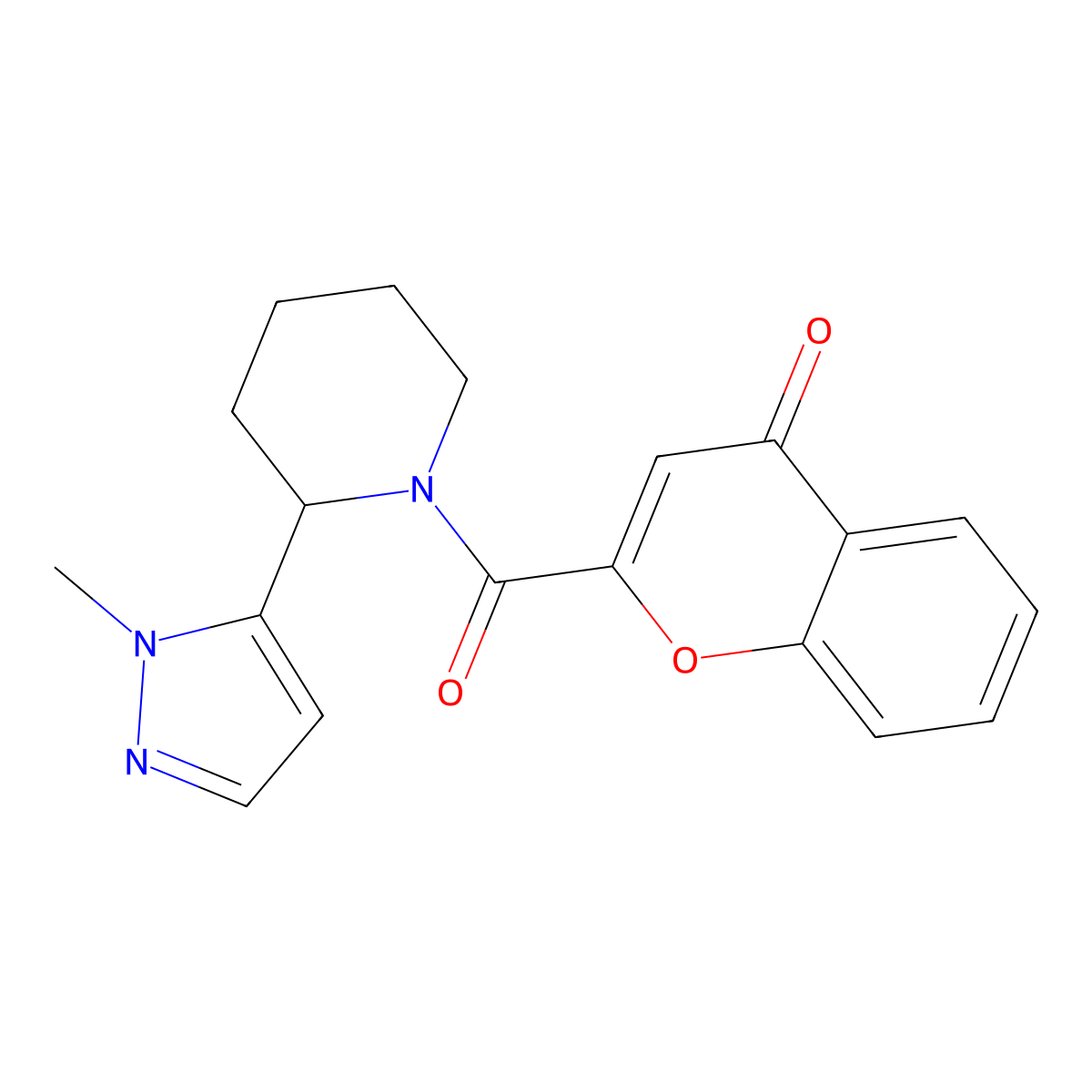 2-[2-(1-methyl-1H-pyrazol-5-yl)piperidine-1-carbonyl]-4H-chromen-4-one molecular structure, CAS 2309751-90-2