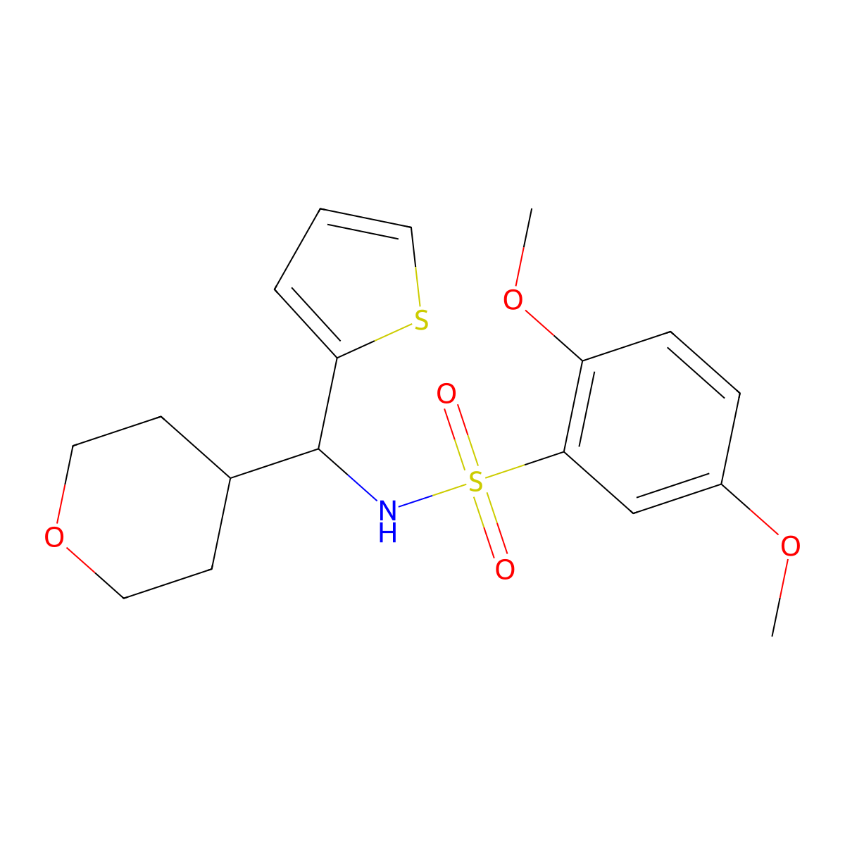 2,5-dimethoxy-N-[(oxan-4-yl)(thiophen-2-yl)methyl]benzene-1-sulfonamide molecular structure, CAS 2309751-97-9