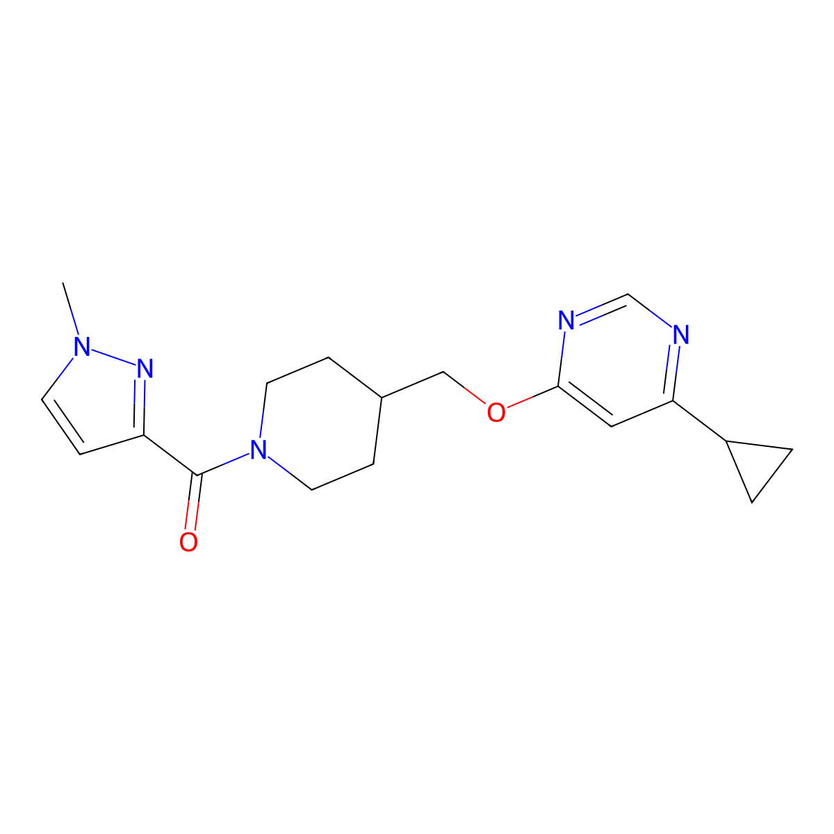 4-cyclopropyl-6-{[1-(1-methyl-1H-pyrazole-3-carbonyl)piperidin-4-yl]methoxy}pyrimidine molecular structure, CAS 2309751-98-0