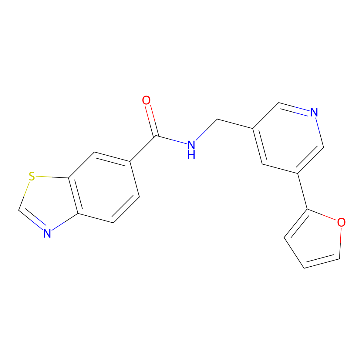 N-((5-(furan-2-yl)pyridin-3-yl)methyl)benzo[d]thiazole-6-carboxamide molecular structure, CAS 2309751-99-1