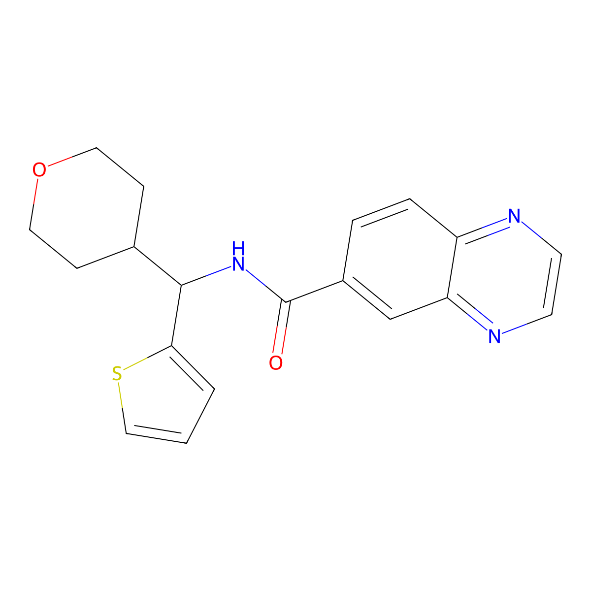 N-((tetrahydro-2H-pyran-4-yl)(thiophen-2-yl)methyl)quinoxaline-6-carboxamide molecular structure, CAS 2309752-07-4