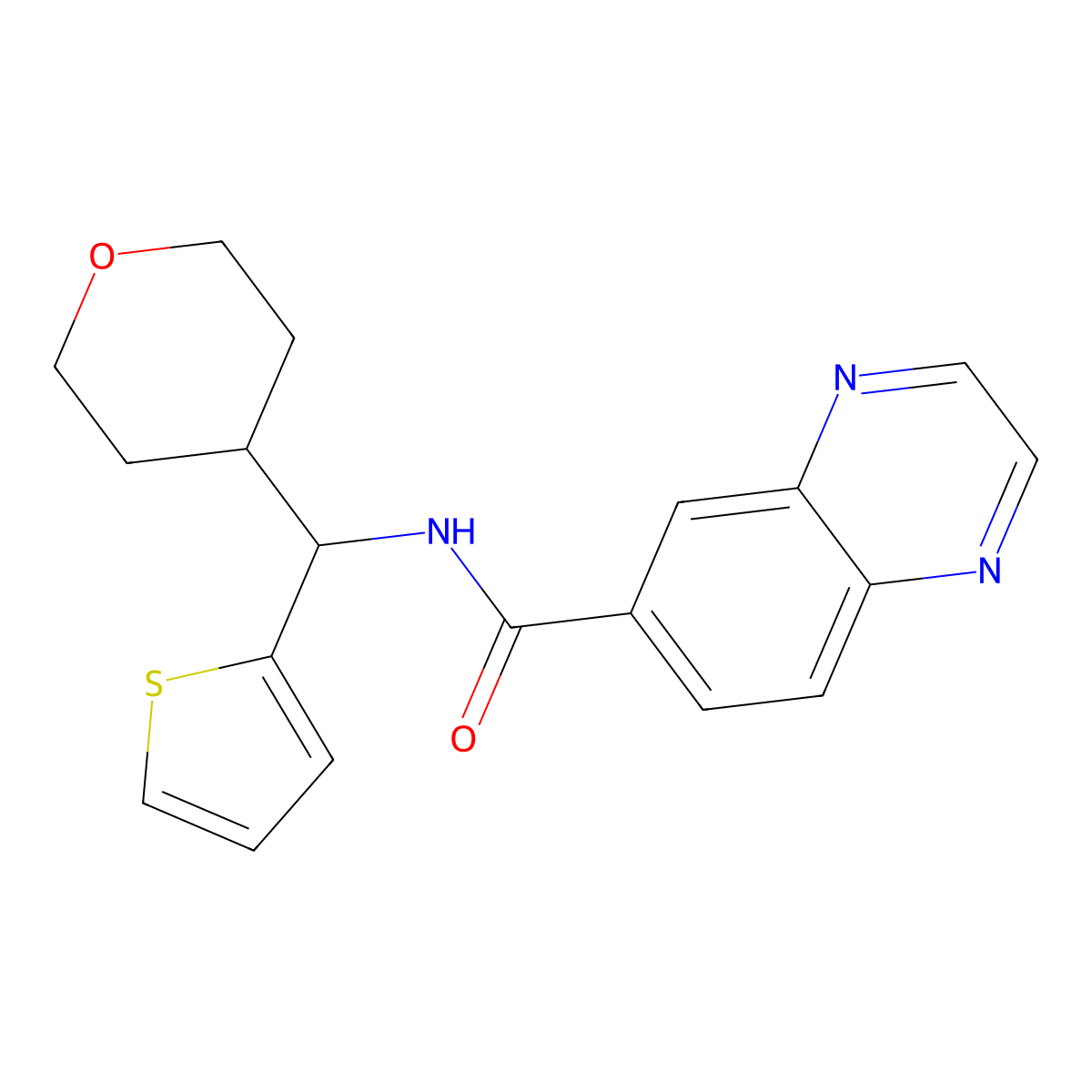 N-((tetrahydro-2H-pyran-4-yl)(thiophen-2-yl)methyl)quinoxaline-6-carboxamide molecular structure, CAS 2309752-07-4