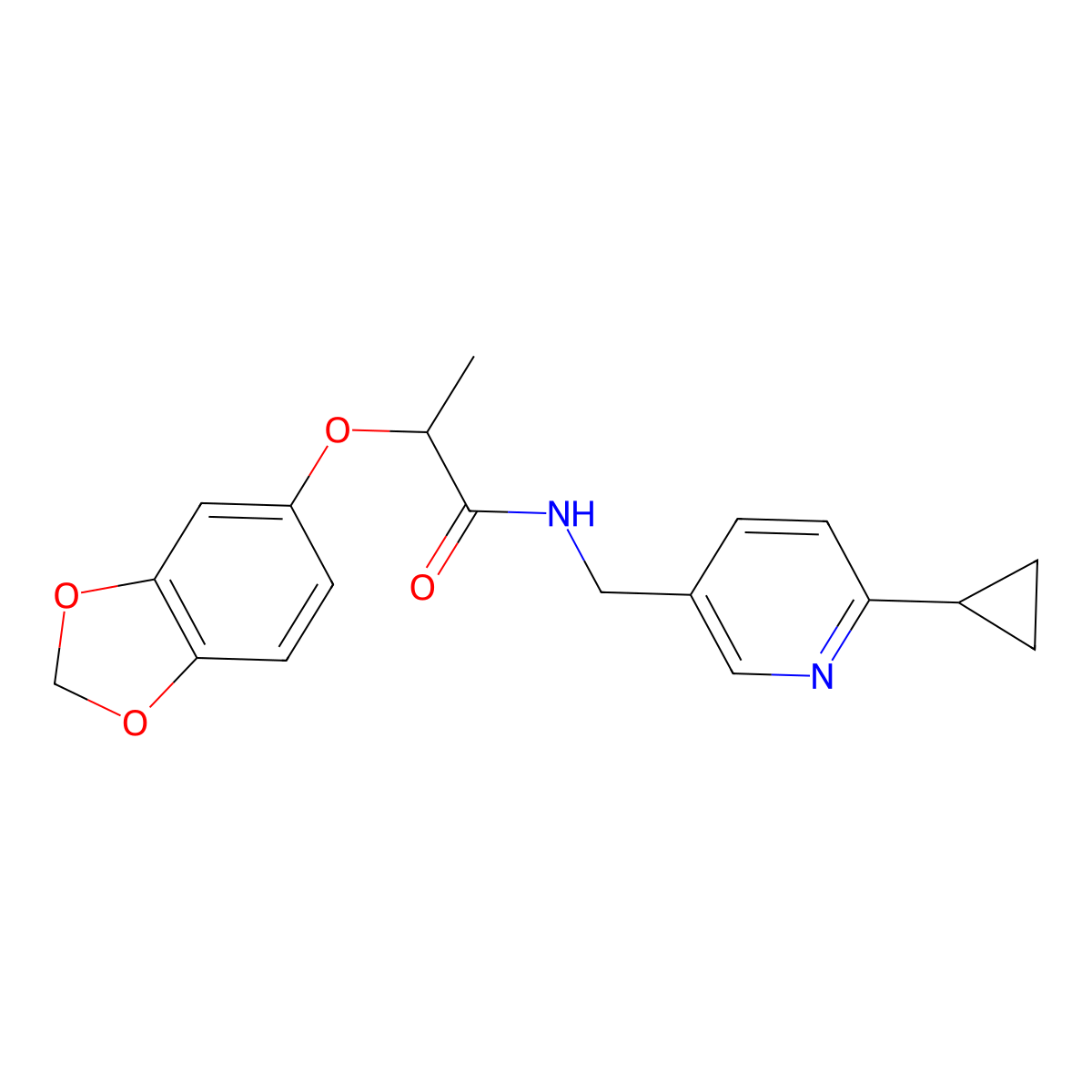 2-(2H-1,3-benzodioxol-5-yloxy)-N-[(6-cyclopropylpyridin-3-yl)methyl]propanamide molecular structure, CAS 2309752-38-1
