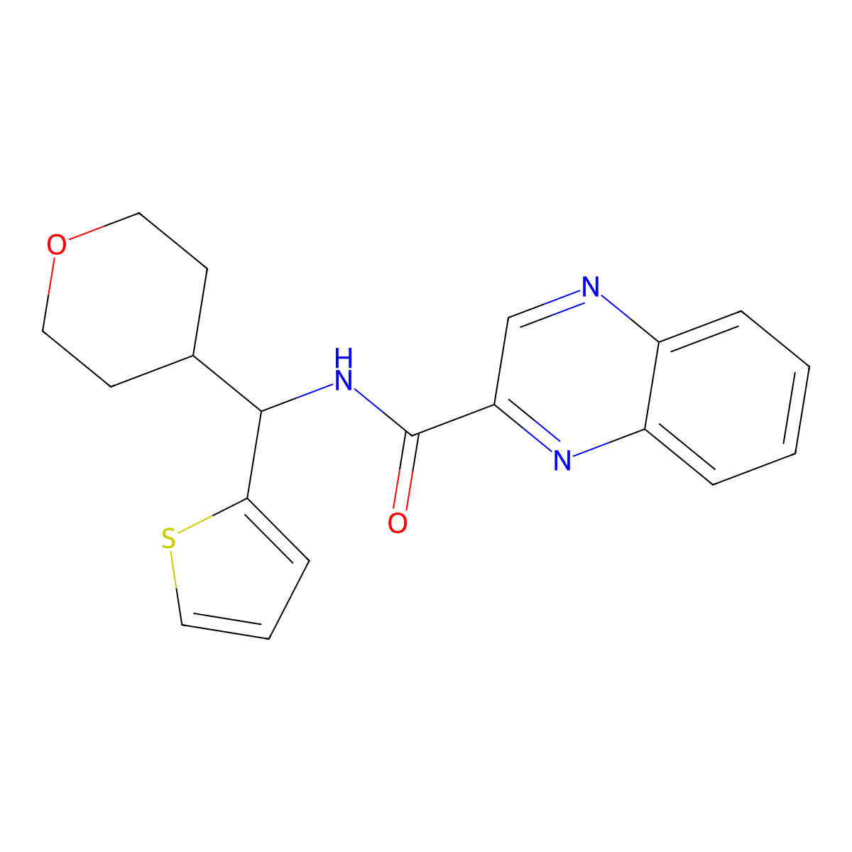 N-[(oxan-4-yl)(thiophen-2-yl)methyl]quinoxaline-2-carboxamide molecular structure, CAS 2309752-42-7