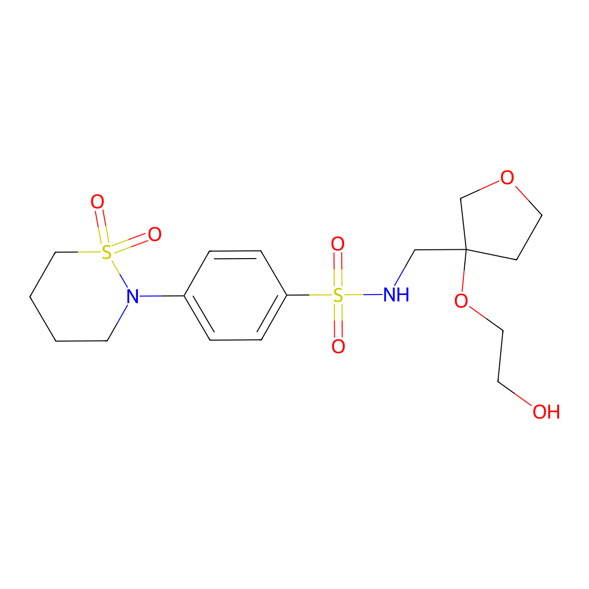 4-(1,1-dioxido-1,2-thiazinan-2-yl)-N-((3-(2-hydroxyethoxy)tetrahydrofuran-3-yl)methyl)benzenesulfonamide molecular structure, CAS 2309752-53-0