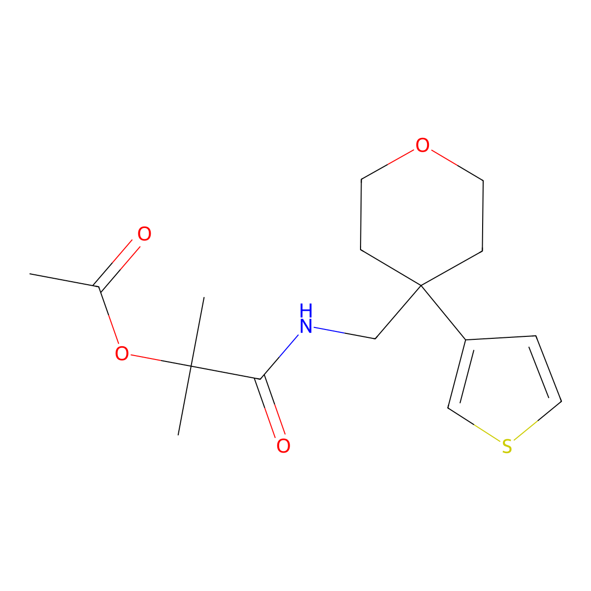 2-methyl-1-oxo-1-(((4-(thiophen-3-yl)tetrahydro-2H-pyran-4-yl)methyl)amino)propan-2-yl acetate molecular structure, CAS 2309774-14-7