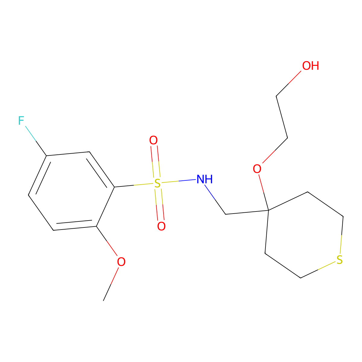 5-fluoro-N-{[4-(2-hydroxyethoxy)thian-4-yl]methyl}-2-methoxybenzene-1-sulfonamide molecular structure, CAS 2309774-16-9