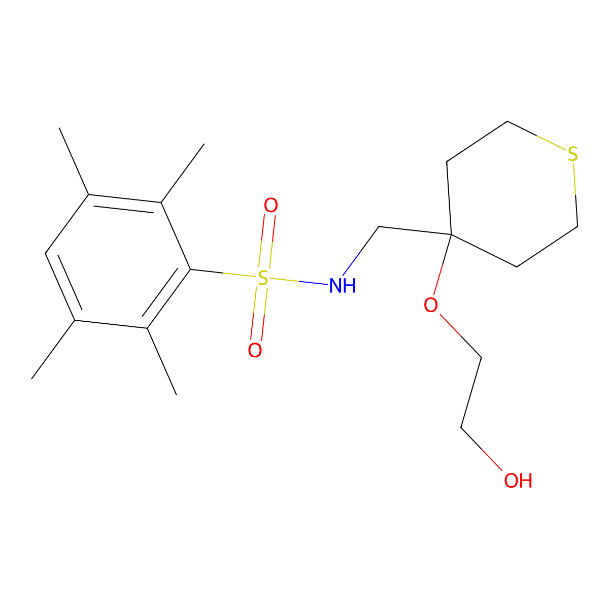 N-{[4-(2-hydroxyethoxy)thian-4-yl]methyl}-2,3,5,6-tetramethylbenzene-1-sulfonamide molecular structure, CAS 2309774-35-2