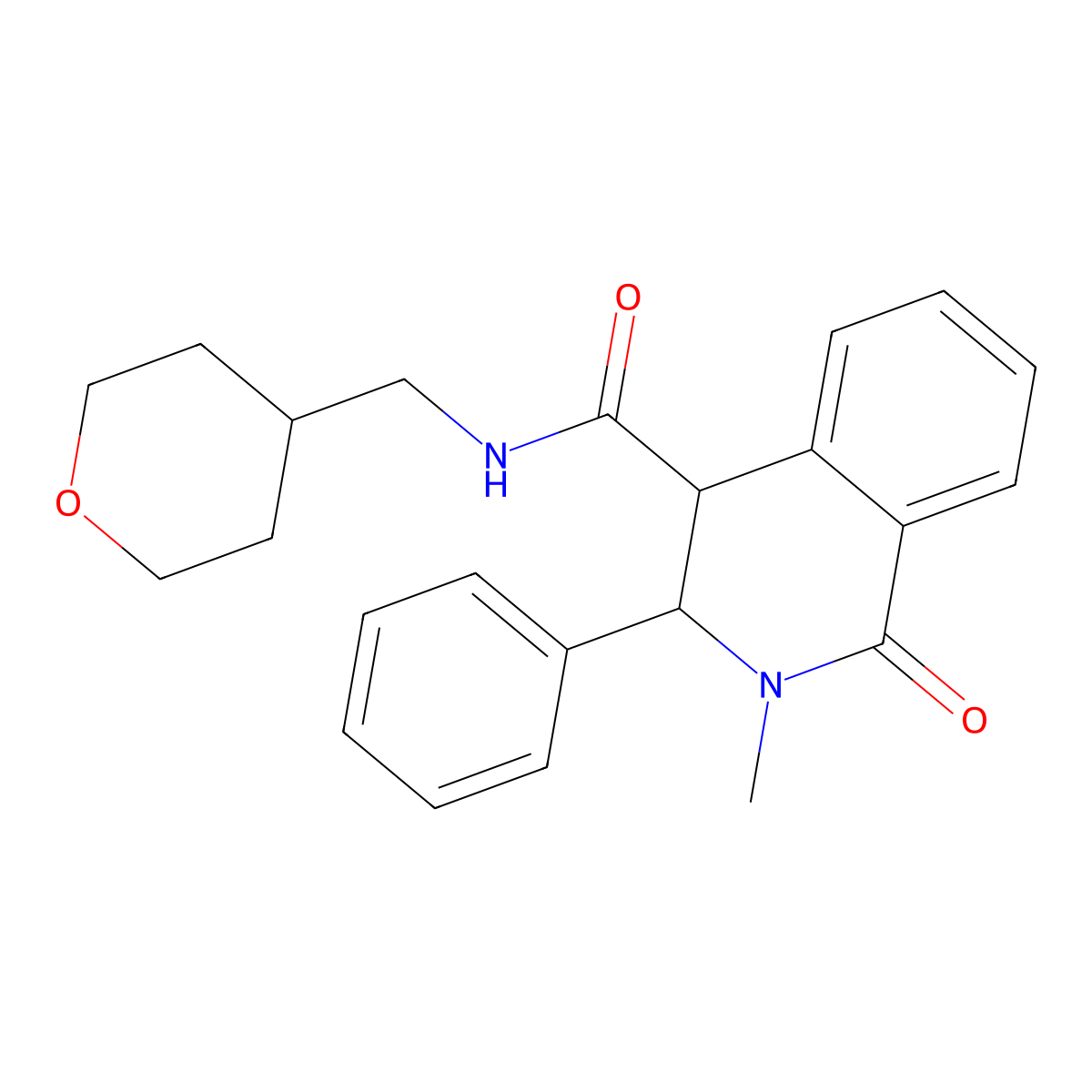 2-methyl-N-[(oxan-4-yl)methyl]-1-oxo-3-phenyl-1,2,3,4-tetrahydroisoquinoline-4-carboxamide molecular structure, CAS 2309774-40-9