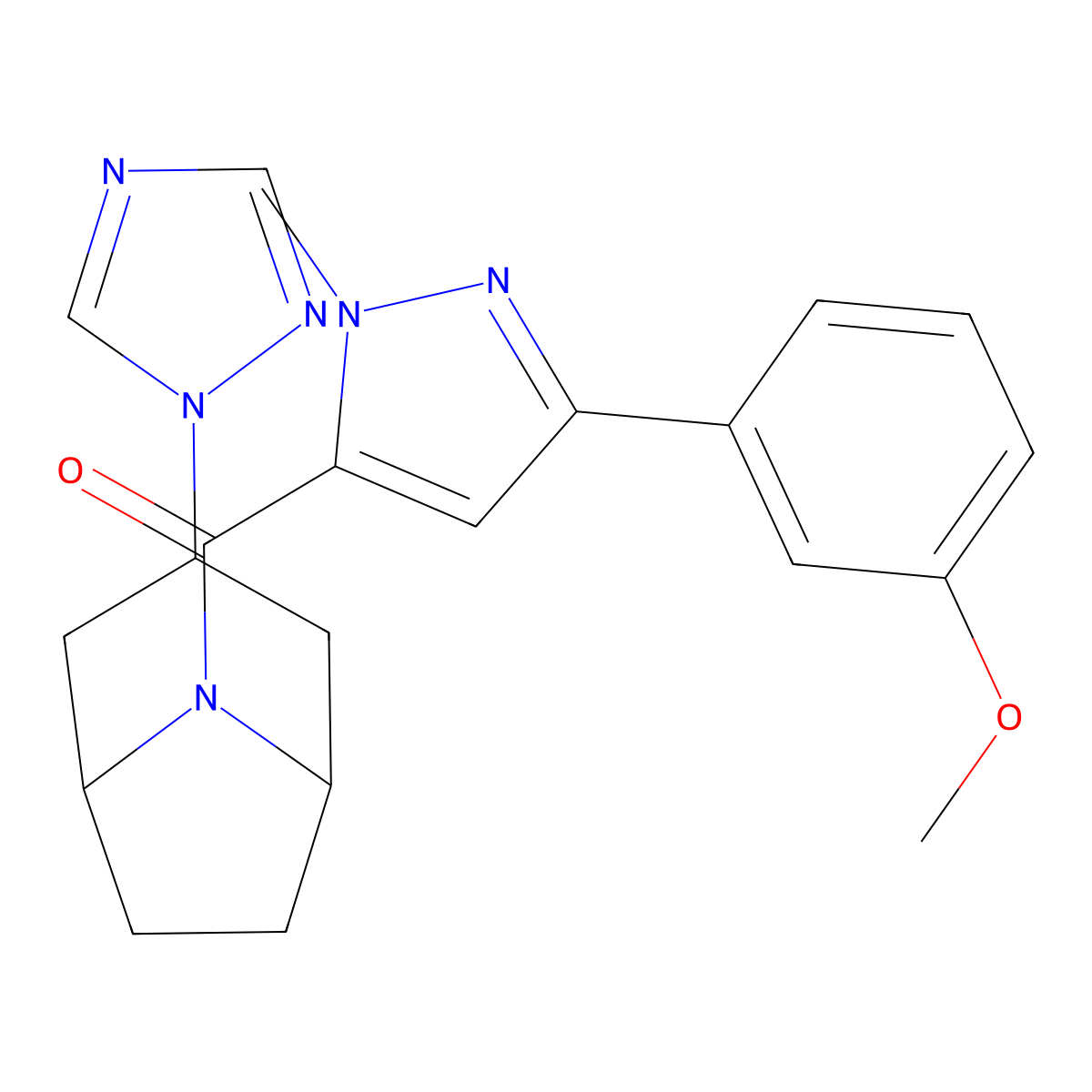8-[3-(3-methoxyphenyl)-1-methyl-1H-pyrazole-5-carbonyl]-3-(1H-1,2,4-triazol-1-yl)-8-azabicyclo[3.2.1]octane molecular structure, CAS 2309774-60-3
