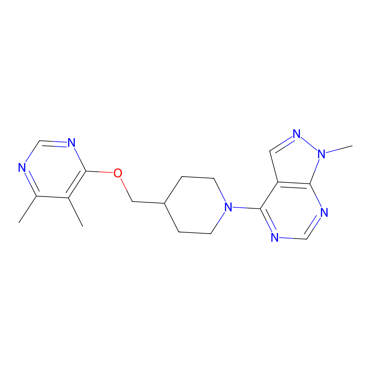 4,5-dimethyl-6-[(1-{1-methyl-1H-pyrazolo[3,4-d]pyrimidin-4-yl}piperidin-4-yl)methoxy]pyrimidine molecular structure, CAS 2309774-64-7