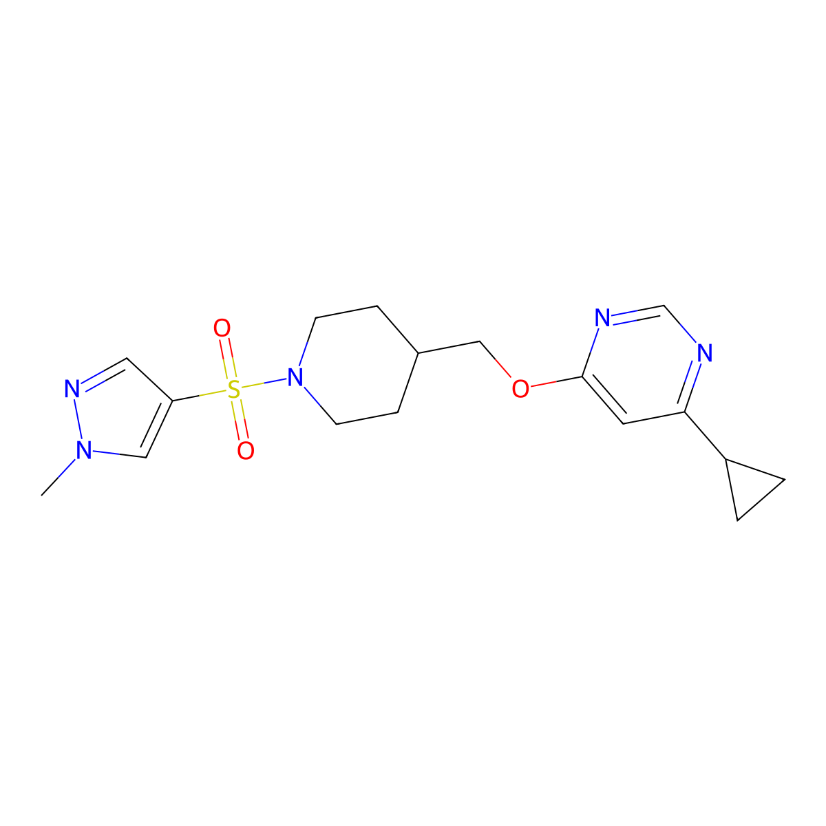 4-cyclopropyl-6-((1-((1-methyl-1H-pyrazol-4-yl)sulfonyl)piperidin-4-yl)methoxy)pyrimidine molecular structure, CAS 2309774-83-0