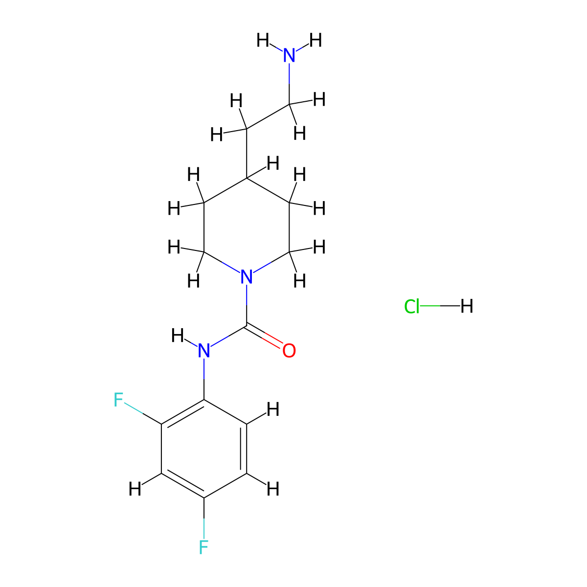 4-(2-aminoethyl)-N-(2,4-difluorophenyl)piperidine-1-carboxamide hydrochloride molecular structure, CAS 2309774-90-9