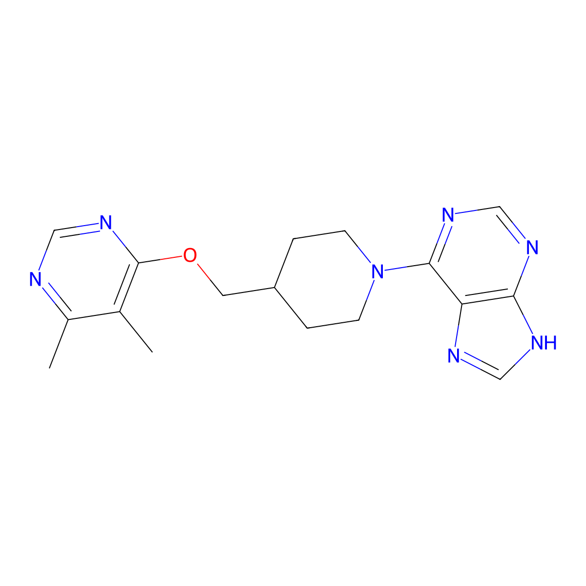 6-(4-{[(5,6-dimethylpyrimidin-4-yl)oxy]methyl}piperidin-1-yl)-9H-purine molecular structure, CAS 2309775-08-2