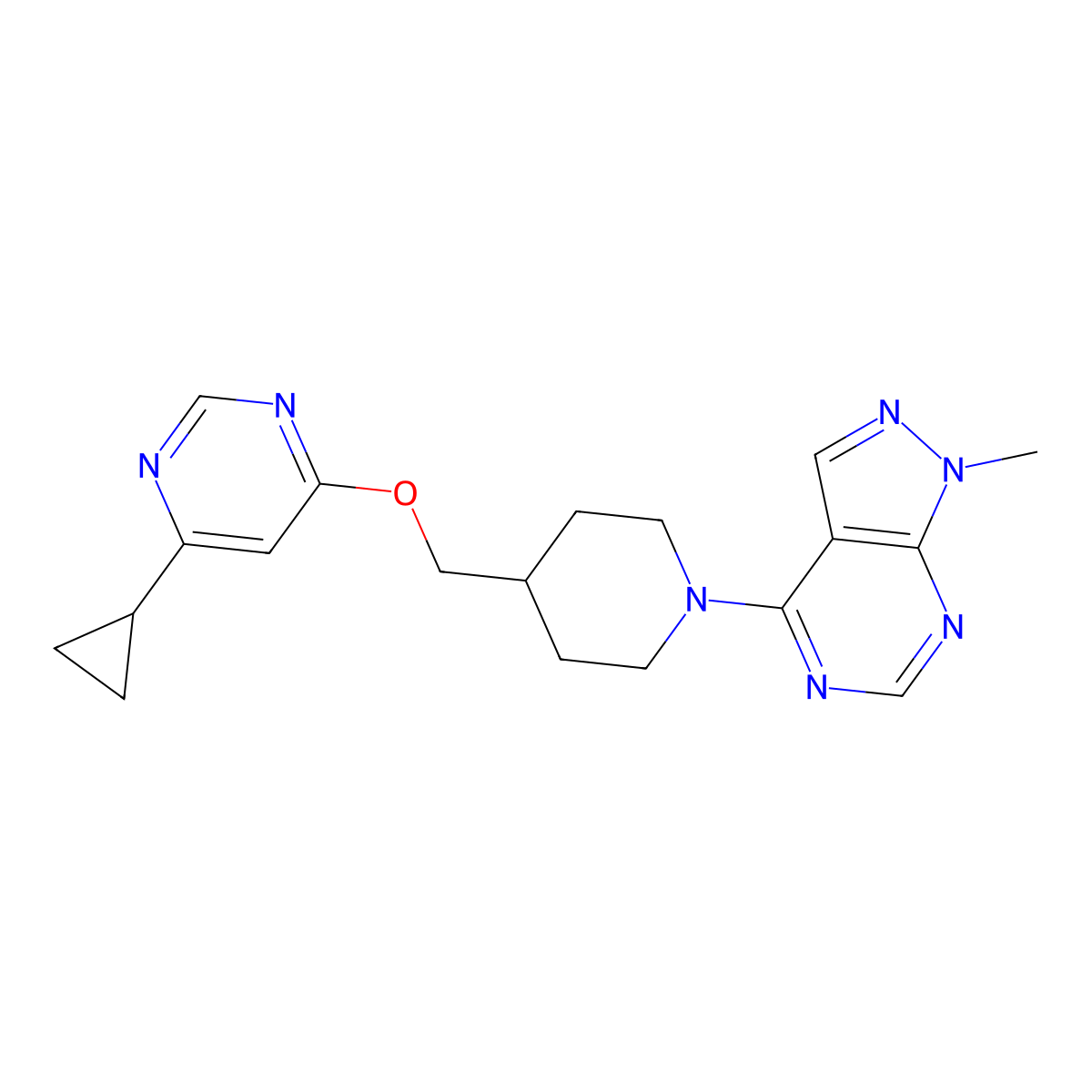 4-(4-(((6-cyclopropylpyrimidin-4-yl)oxy)methyl)piperidin-1-yl)-1-methyl-1H-pyrazolo[3,4-d]pyrimidine molecular structure, CAS 2309775-67-3