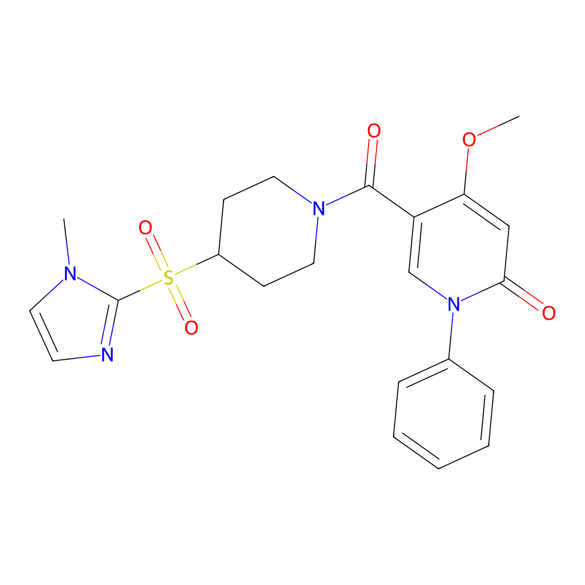 4-methoxy-5-(4-((1-methyl-1H-imidazol-2-yl)sulfonyl)piperidine-1-carbonyl)-1-phenylpyridin-2(1H)-one molecular structure, CAS 2309776-71-2