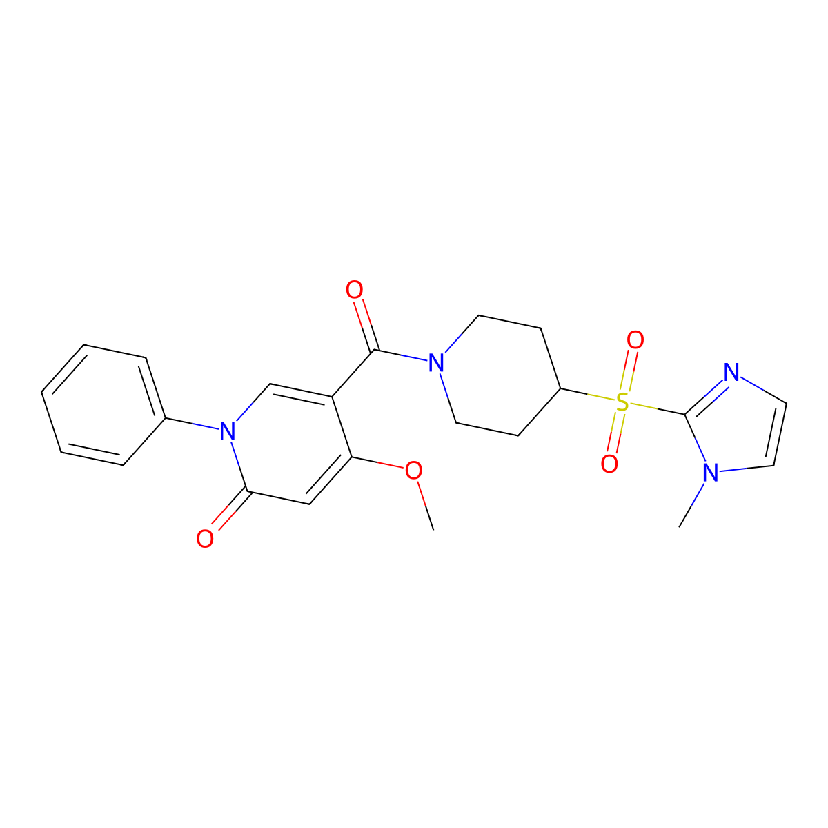 4-methoxy-5-(4-((1-methyl-1H-imidazol-2-yl)sulfonyl)piperidine-1-carbonyl)-1-phenylpyridin-2(1H)-one molecular structure, CAS 2309776-71-2