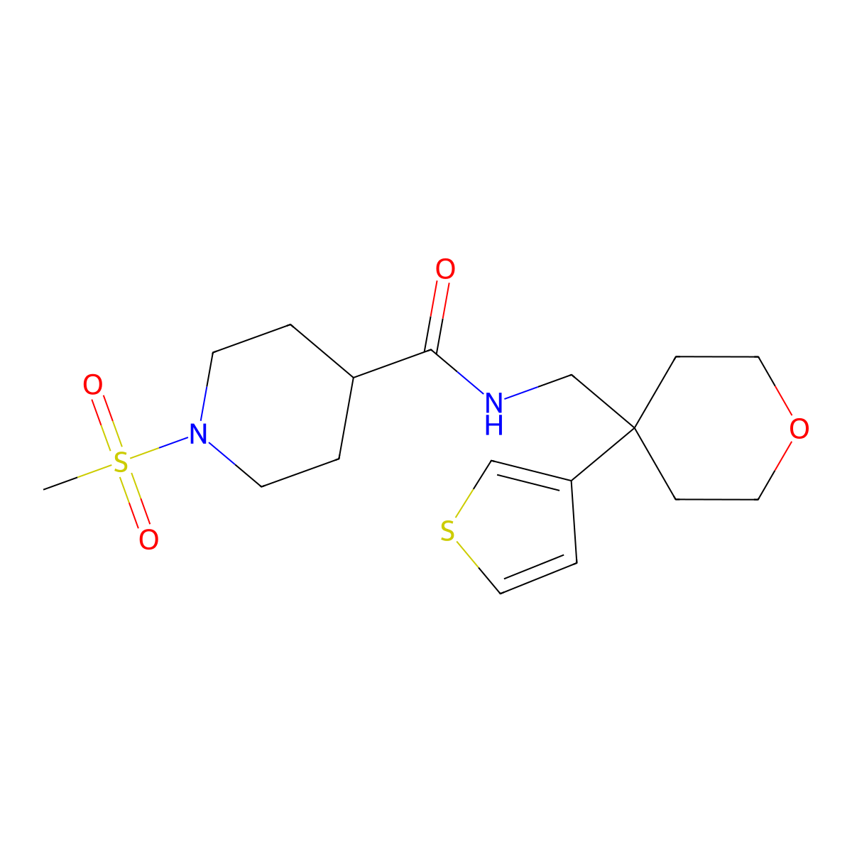 1-methanesulfonyl-N-{[4-(thiophen-3-yl)oxan-4-yl]methyl}piperidine-4-carboxamide molecular structure, CAS 2309776-91-6