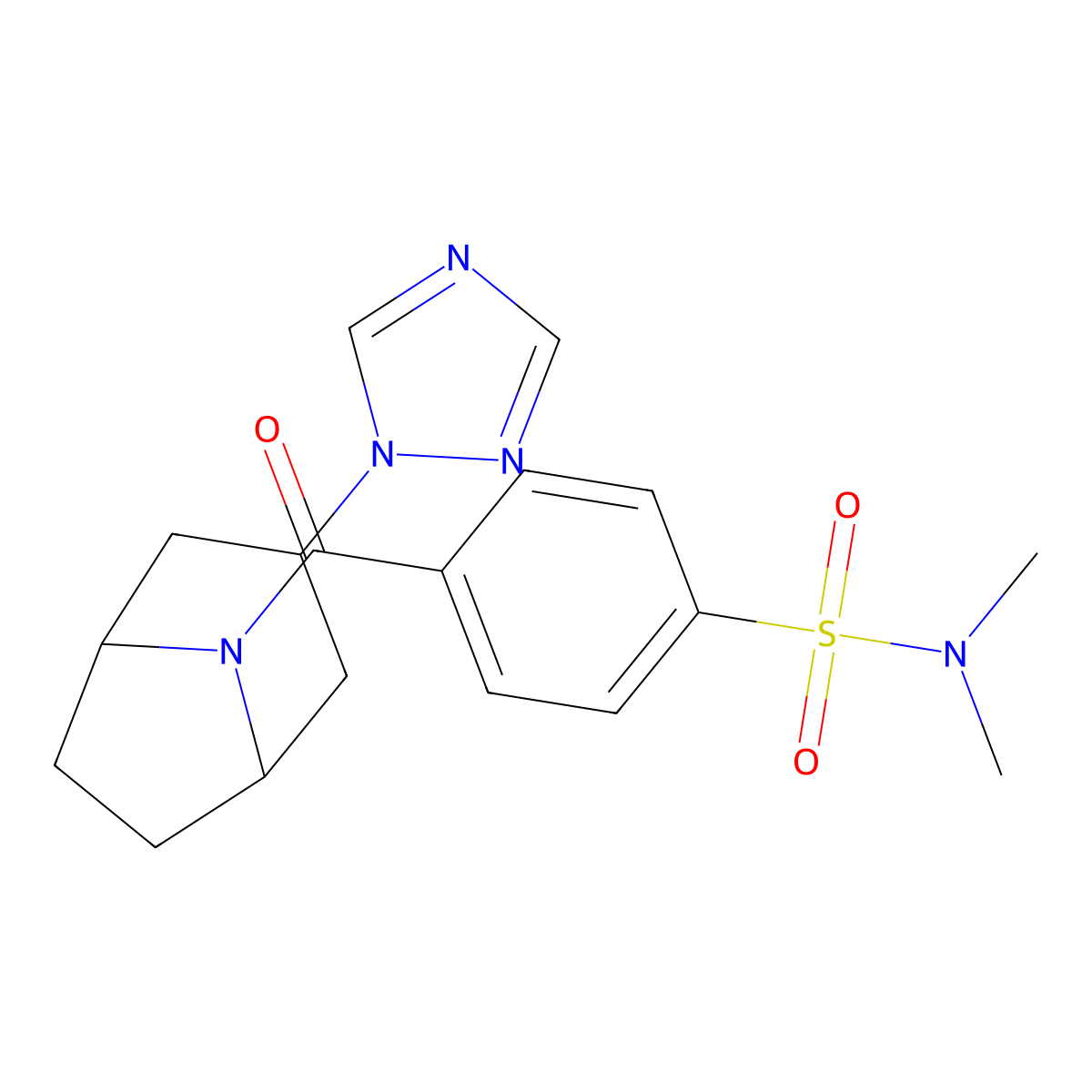 N,N-dimethyl-4-[3-(1H-1,2,4-triazol-1-yl)-8-azabicyclo[3.2.1]octane-8-carbonyl]benzene-1-sulfonamide molecular structure, CAS 2309777-04-4