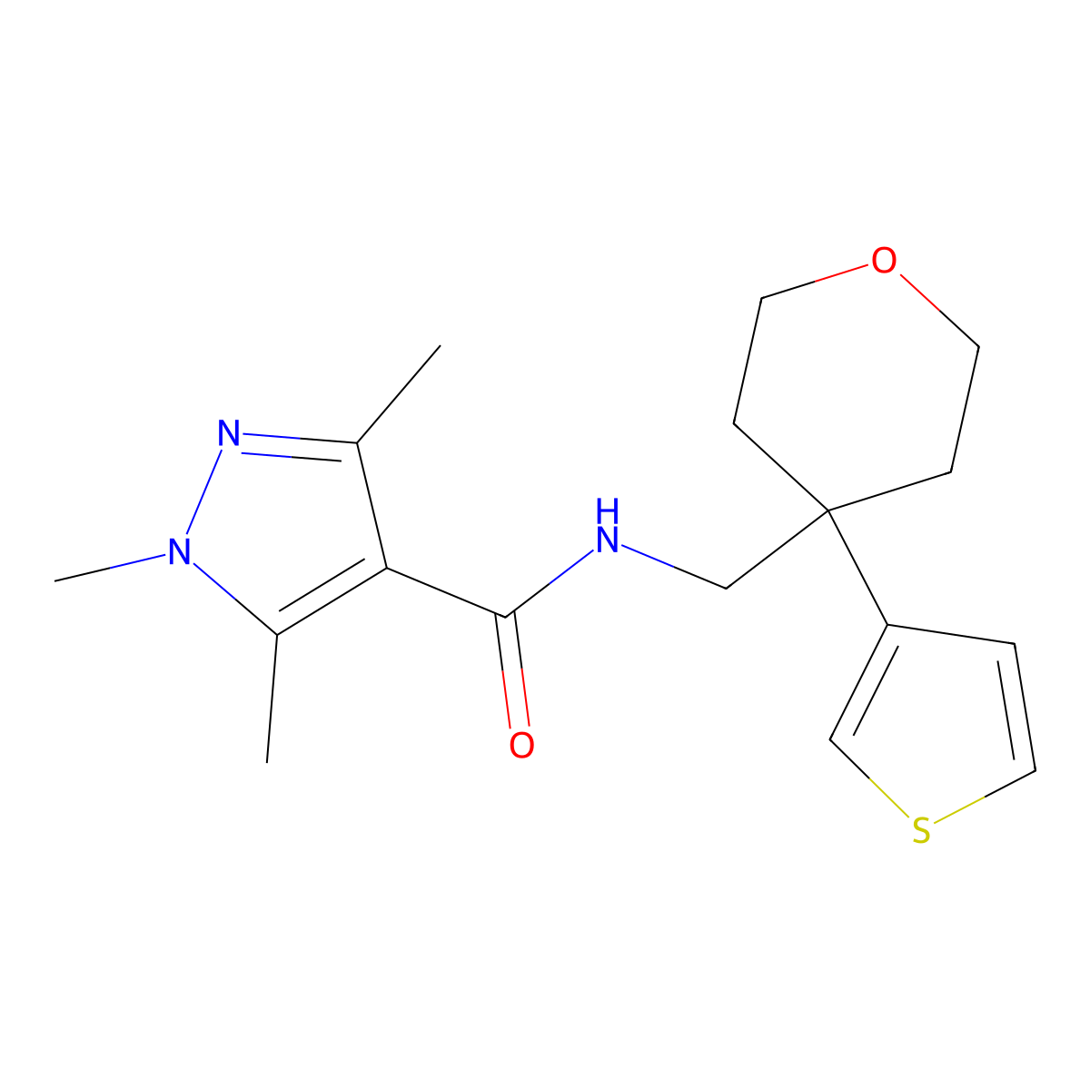 1,3,5-trimethyl-N-{[4-(thiophen-3-yl)oxan-4-yl]methyl}-1H-pyrazole-4-carboxamide molecular structure, CAS 2309778-56-9