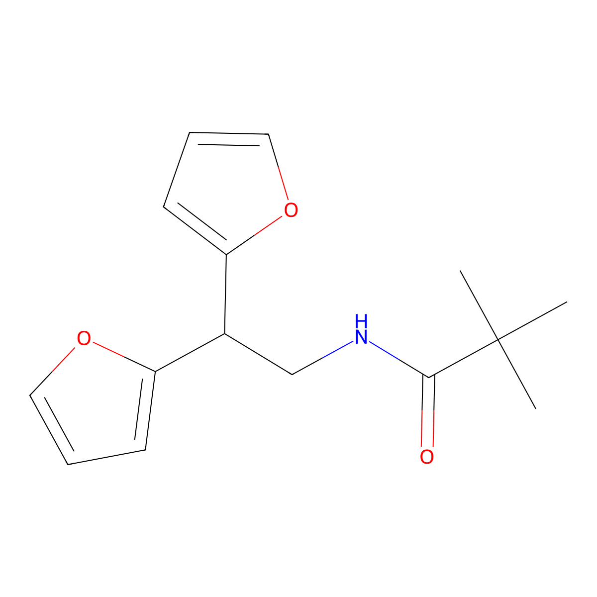 N-[2,2-bis(furan-2-yl)ethyl]-2,2-dimethylpropanamide molecular structure, CAS 2309780-10-5