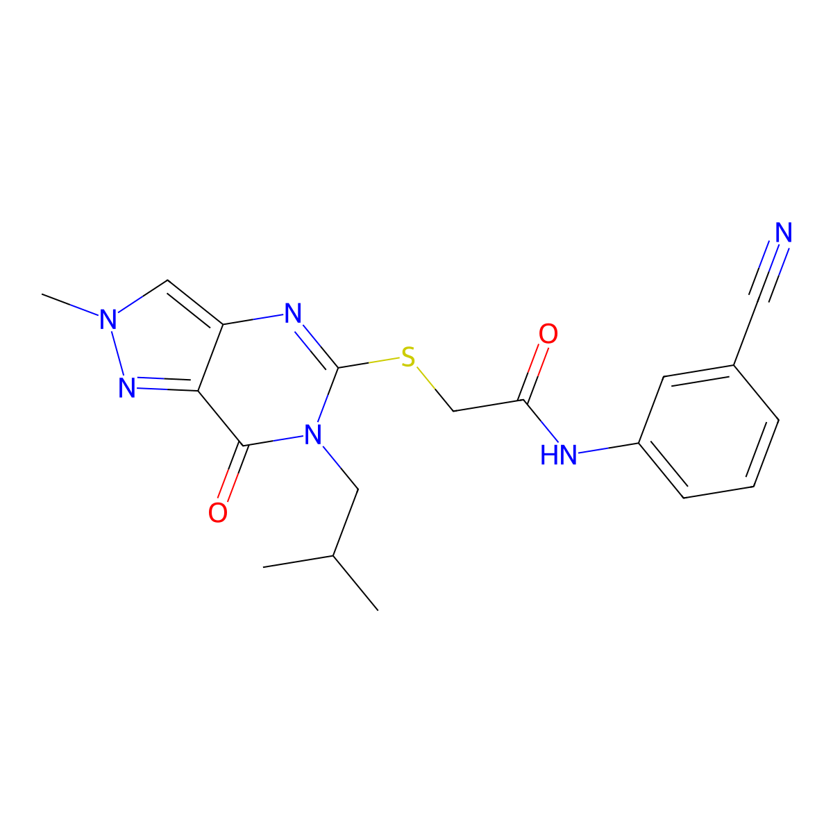 N-(3-cyanophenyl)-2-((6-isobutyl-2-methyl-7-oxo-6,7-dihydro-2H-pyrazolo[4,3-d]pyrimidin-5-yl)thio)acetamide molecular structure, CAS 2309780-16-1