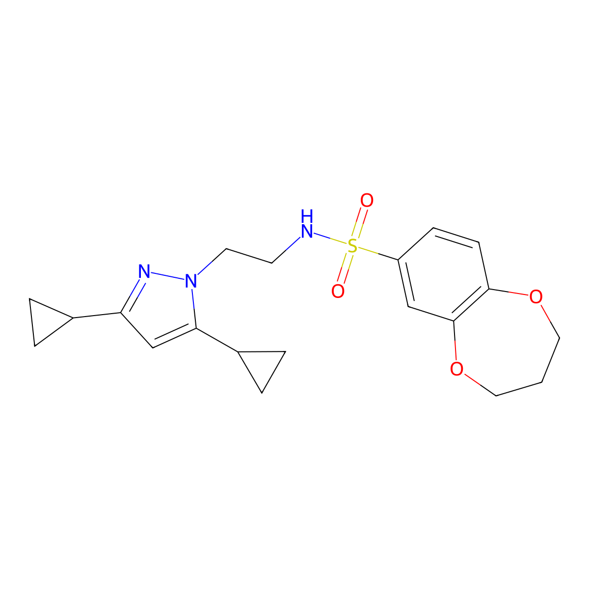 N-(2-(3,5-dicyclopropyl-1H-pyrazol-1-yl)ethyl)-3,4-dihydro-2H-benzo[b][1,4]dioxepine-7-sulfonamide molecular structure, CAS 2309780-54-7