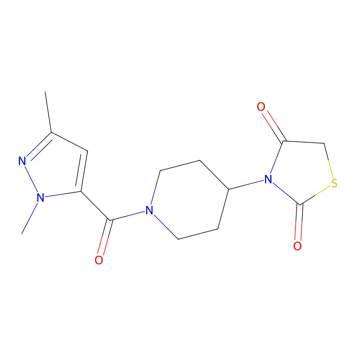3-(1-(1,3-dimethyl-1H-pyrazole-5-carbonyl)piperidin-4-yl)thiazolidine-2,4-dione molecular structure, CAS 2309781-29-9